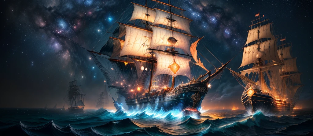 Masterpiece, Illustration, huggers, concept art, painting of ships in the ocean with stormy sea in the background, (at midnight with starry skies, Milky Way shooting stars),volumetric lighting, vibrant contrast, detailed cover artwork, fantasy, magical glowing particles, amazing wallpaper, pirate ship, old pirate ship, sailing ship, gothic ship on ocean, 4k highly detailed digital art, magical ships, detailed painting 4k, , GlowingRunesAI_paleblue, piratepunkai