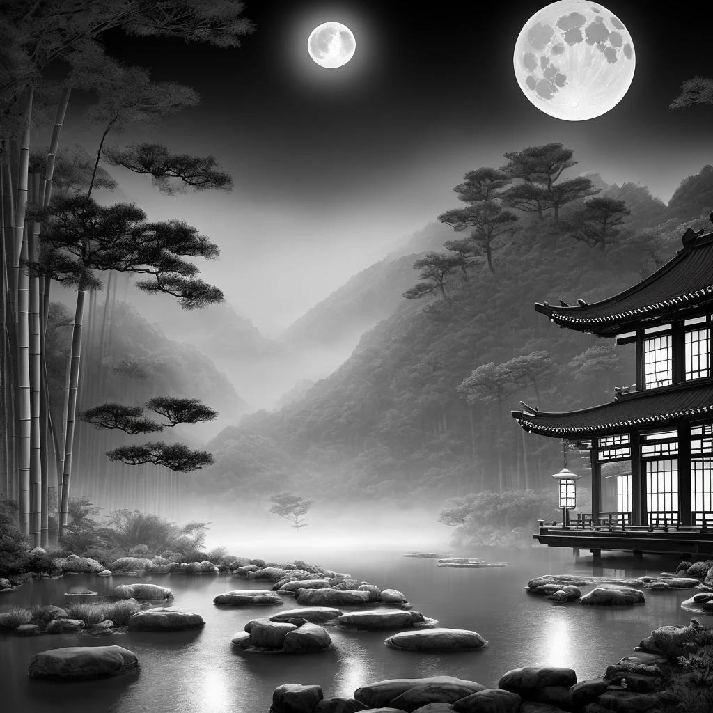 masterpiece, best quality, chinese martial arts style, an asian night scene with lanterns and water lilies, asian pond with many lanterns and boats night scene with many lights and boats on the water, lake surface, lotus flowers, beautiful night scene , (((Chinese martial arts style))), with vast sky, continuous mountains and steep cliffs, ink wash style, contour light, atmospheric atmosphere, depth of field, rising fog, bamboo, pine trees, stone pavilion octagonal, running water from waterfall, big full moon, (No color), Monochrome, light color,