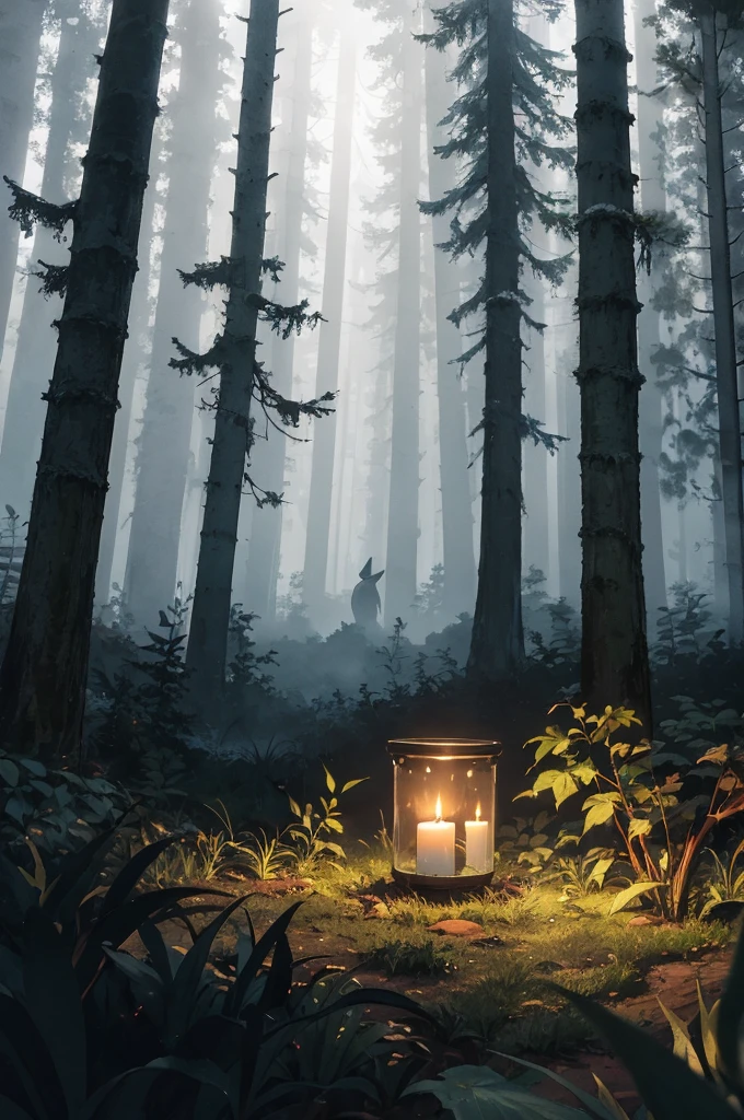 Forest at night with fog with some character in the background and a candle