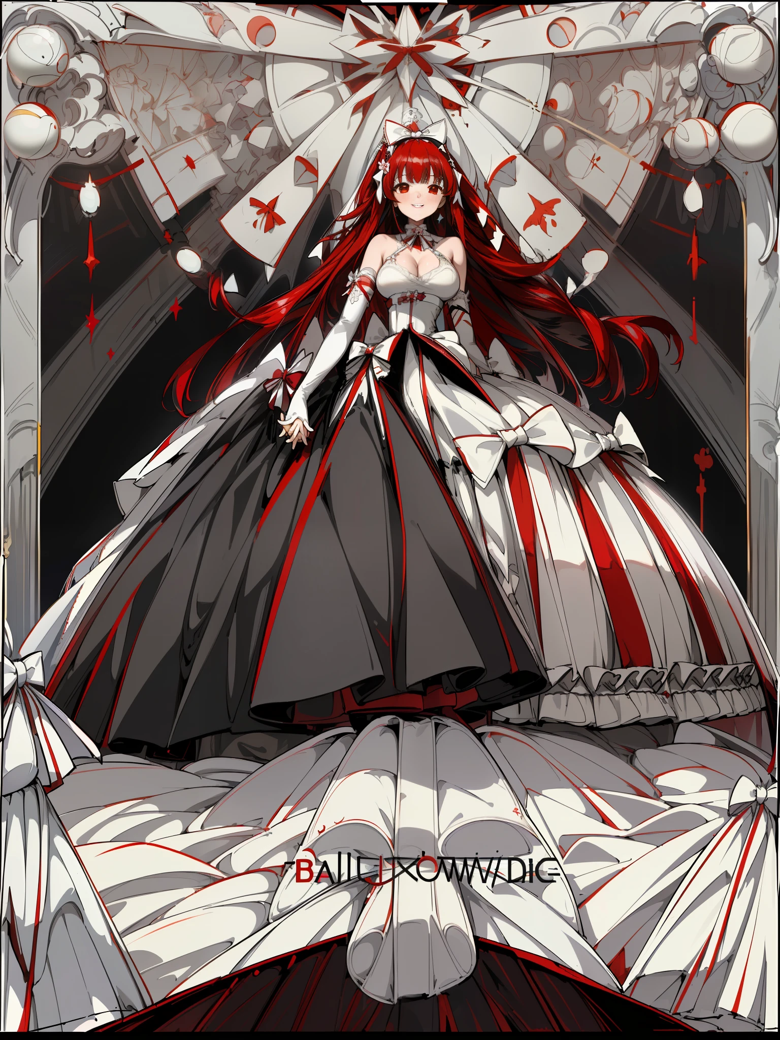 masterpiece, best quality, highres, rena1, 1girl, solo, multicolored hair, red eyes, black hair, red hair, white elbow gloves, split-color hair,wedding dress, (ballgown skirt:1.5),white bow, large breasts, very long hair, hair bow, (holding hands:1.2), smile, black background, white frame, add_detail:1.5