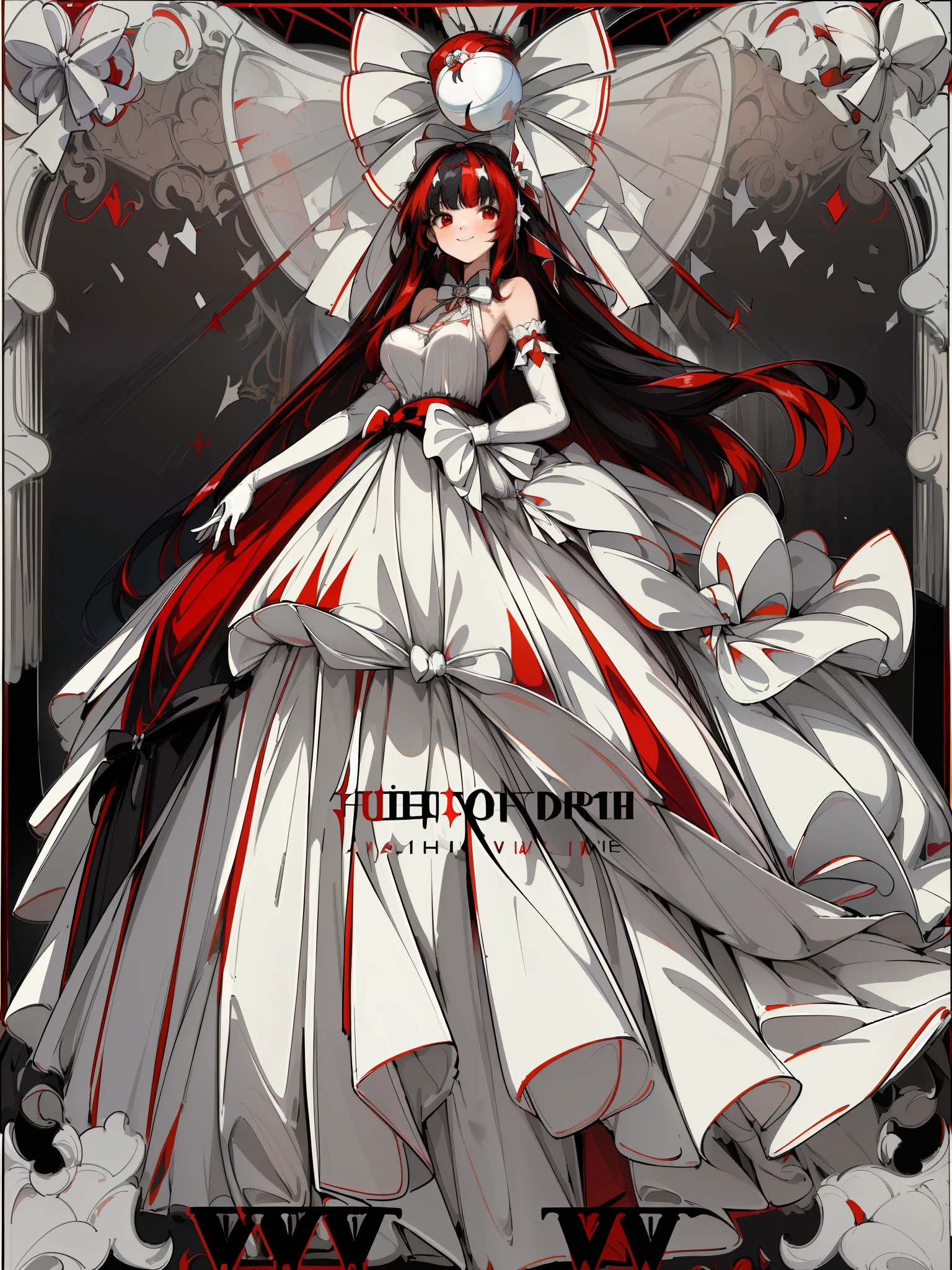 masterpiece, best quality, highres, rena1, 1girl, solo, multicolored hair, red eyes, black hair, red hair, white elbow gloves, split-color hair,wedding dress, (ballgown skirt:1.5),white bow, large breasts, very long hair, hair bow, (holding hands:1.2), smile, black background, white frame, add_detail:1.5