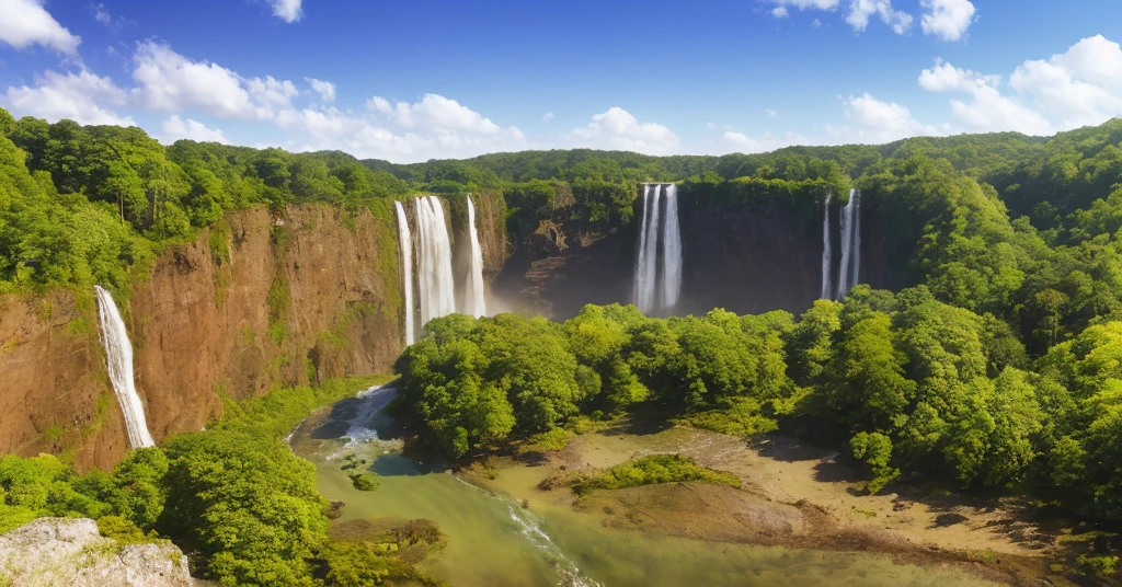 a view of a waterfall in the middle of a lush green forest, tall waterfalls, waterfalls and lakes, waterfall in the distance, incredibly beautiful, with trees and waterfalls, waterfalls in the distance, waterfalls in the background, forest and waterfall, huge waterfalls, incredibly beautiful, waterfall in the background, waterfall in the background, with waterfalls and river, very beautiful scenery, depth of field, warm weather, High Definition Detail, Wet Watermark, Ultra Detail, Film, Surrealism, Soft Light, Deep Field Focus Bokeh, Ray Tracing, Diffuse (Ultra Thin Glass Reflections) and Surrealism. --v6