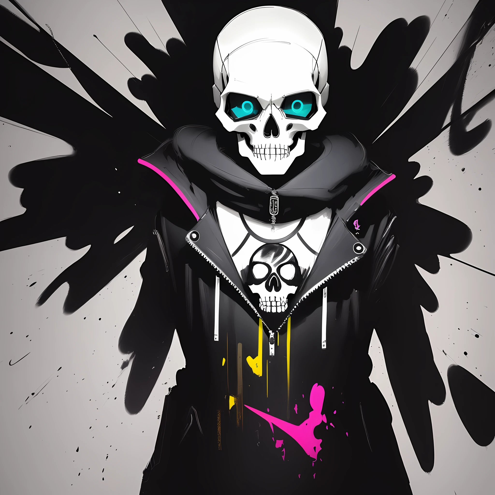 "An abstract painting with an androgynous skull in the center, with a bright background and intense neon effects, with a very defined street art style."