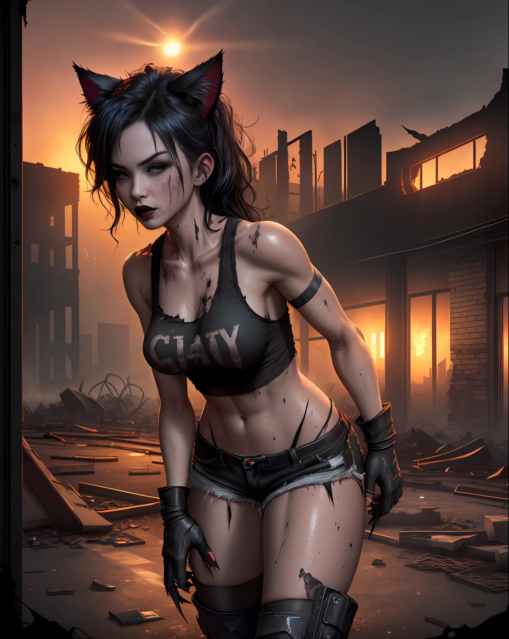 Bold girl standing, cat ears, seductive, medium , black lipstick, sweaty body, torn black t-shirt, short and torn black shorts, black boot, black claws, big blathin, attractive fabric, blood-stained hands. (Warehouse at night, dawn, old and abandoned place at night, night, dust flying, apocalyptic scenery, city destroyed at night). (ambient lighting, masterpiece, seducing, depth of field, Full HD, 4K, wide-angle lens, richness of detail). Hollywood Style