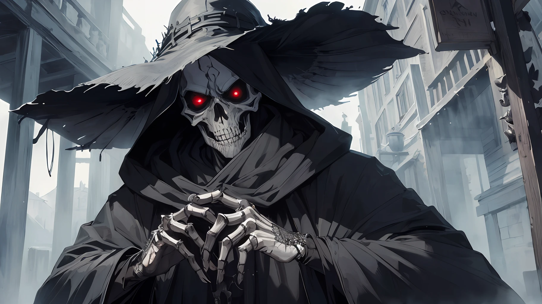 ((masterpiece)),((best quality)),((high detail)),((realistic,)) ((ultra detailed)) a dark being with skeletal appearance, skull face, black cloak with poncho, in the old west, death, reaper, morbid appearance, horror, suspense.