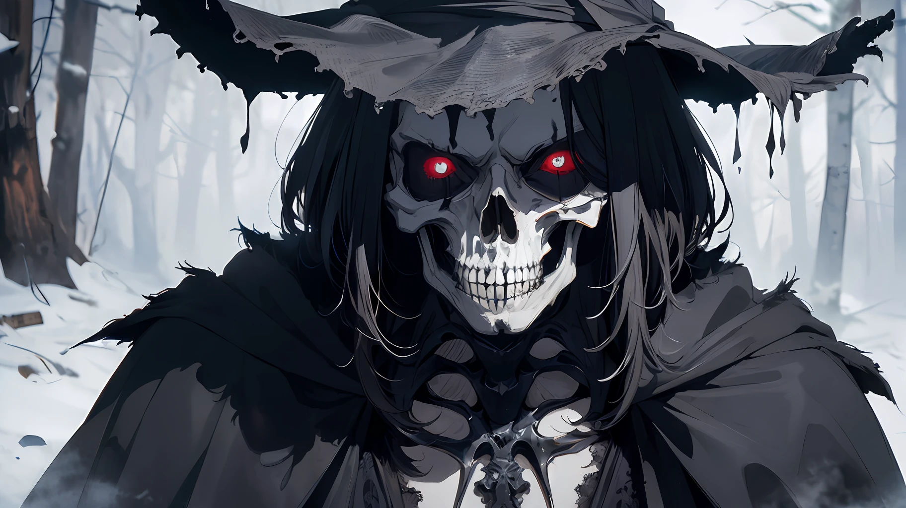 ((masterpiece)),((best quality)),((high detail)),((realistic,)) ((ultra detailed)) a dark being with skeletal appearance, skull face, black cloak with poncho, in the old west, death, reaper, morbid appearance, horror, suspense.