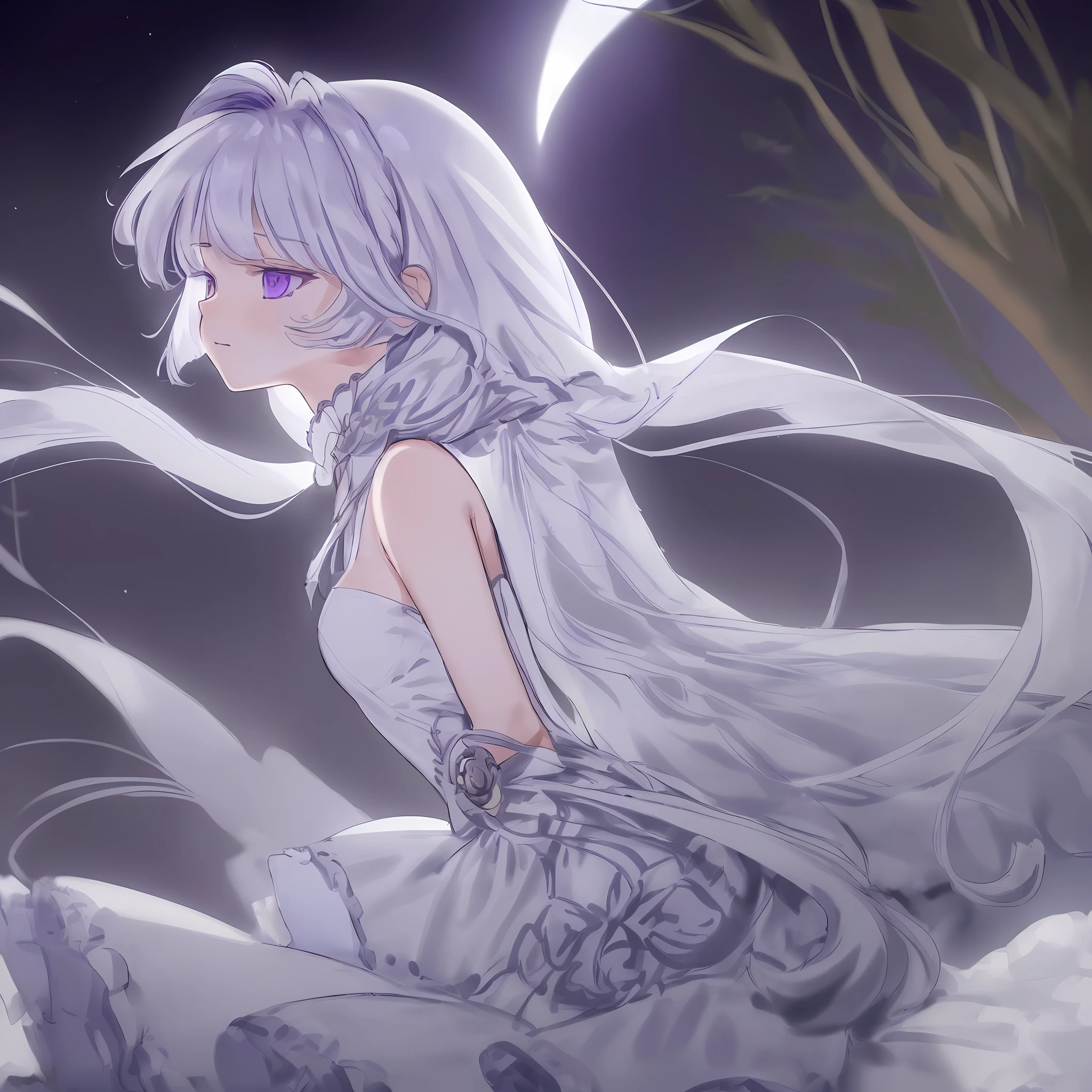 Best quality, masterpiece, very detailed, best quality, masterpiece, , (8k, best quality), (1girl:1.3), :), fantastic, age, ((moonlight long white hair: 1.4)), (no bangs: 1.4), purple eyes, sleepy eyes, flat breast, white sleeveless slip lace dress, delicate silver short dagger, otaku, solid background