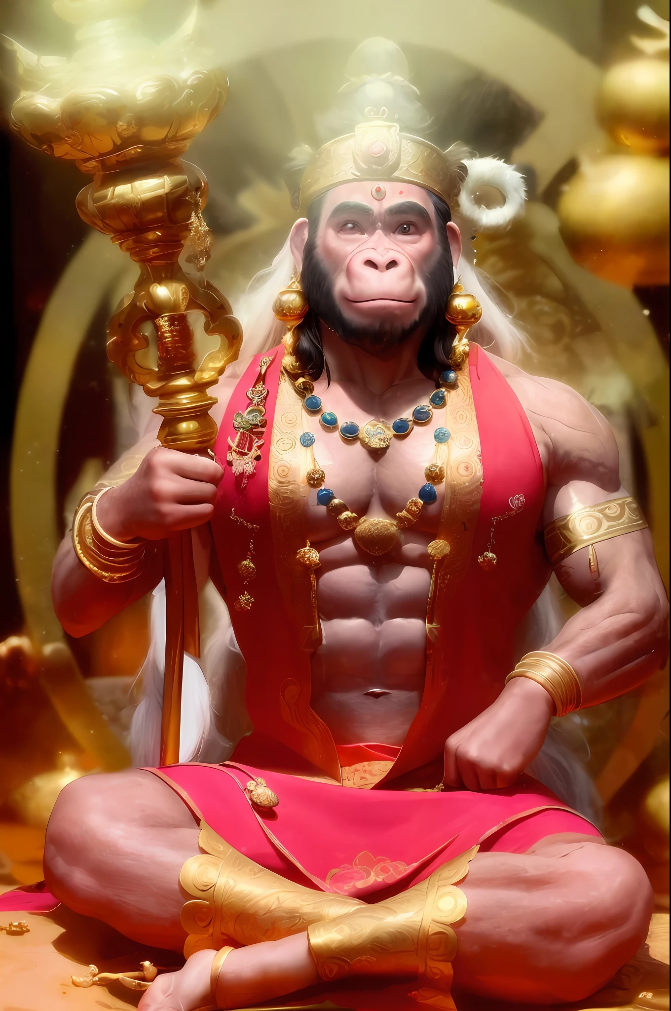 (extremely detailed CG unity 8k wallpaper, masterpiece, best quality), (Ultra realistic), Octane rendered, (portrait of Lord Hanuman meditating in a (Quarter Lotus posture) wearing extremely elegant ((ancient Indian gold ornaments)), ((Indian gold crown)), (Indian God), (big gold crown), the scene is from Himalayas, UHD, HDR, intricate details, ((Impressive Himalayan background)), (muscular body:1.3), (bodybuilder:1.3), ((Lord Hanuman)), ((ape face)), (Indian golden Gada(mace)), ((perfect artwork)), sharp focus, focus on face,