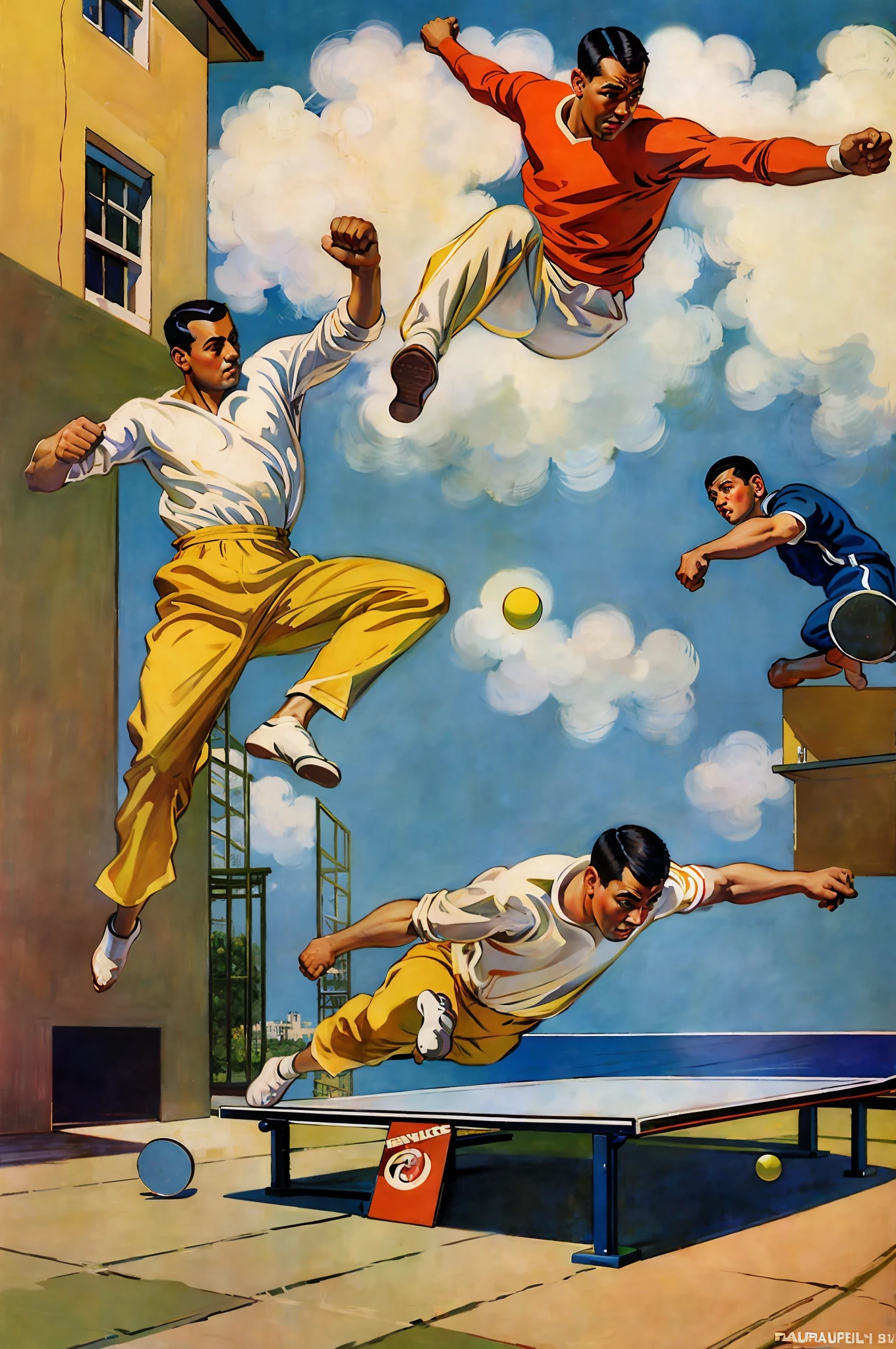 2 guys doing parkour, while playing table tennis, dynamic pose, Fujifilm Superia, Kodak Port, Kodak Ektar, Kodachrome
sd-prohib , medium brushstrokes, painter, dynamics, family life, idealism, pictorial, gentleman of the field, 1920, cover art, illustration