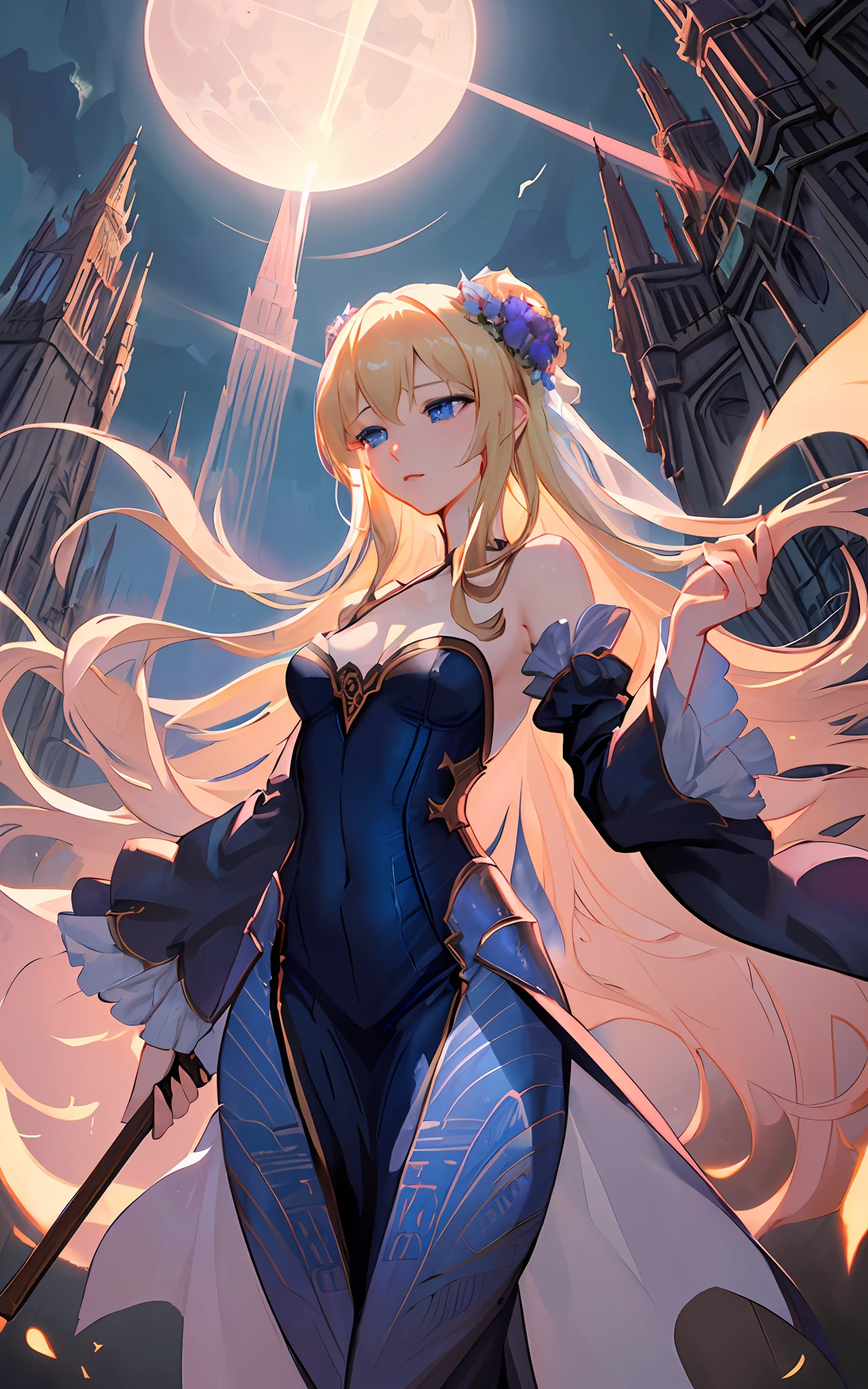 Masterpiece, highest quality, solo, (perfect face: 1.1), (high detail: 1.1), dramatic, dynamic pose, 1girl, breasts, blonde, bright blue eyes, solo, cleavage, delicate and characteristic pretty face, long hair, curved, small breasts, hanfu, thighs, intricate patterns, bare shoulders, slender and tall figure, pink lips, covering, robes, sleeping, legs splitting, castle, night, moon, detailed background, artgerm and greg rutkowski art, artgerm and greg rutkowski art, cinematic lighting,