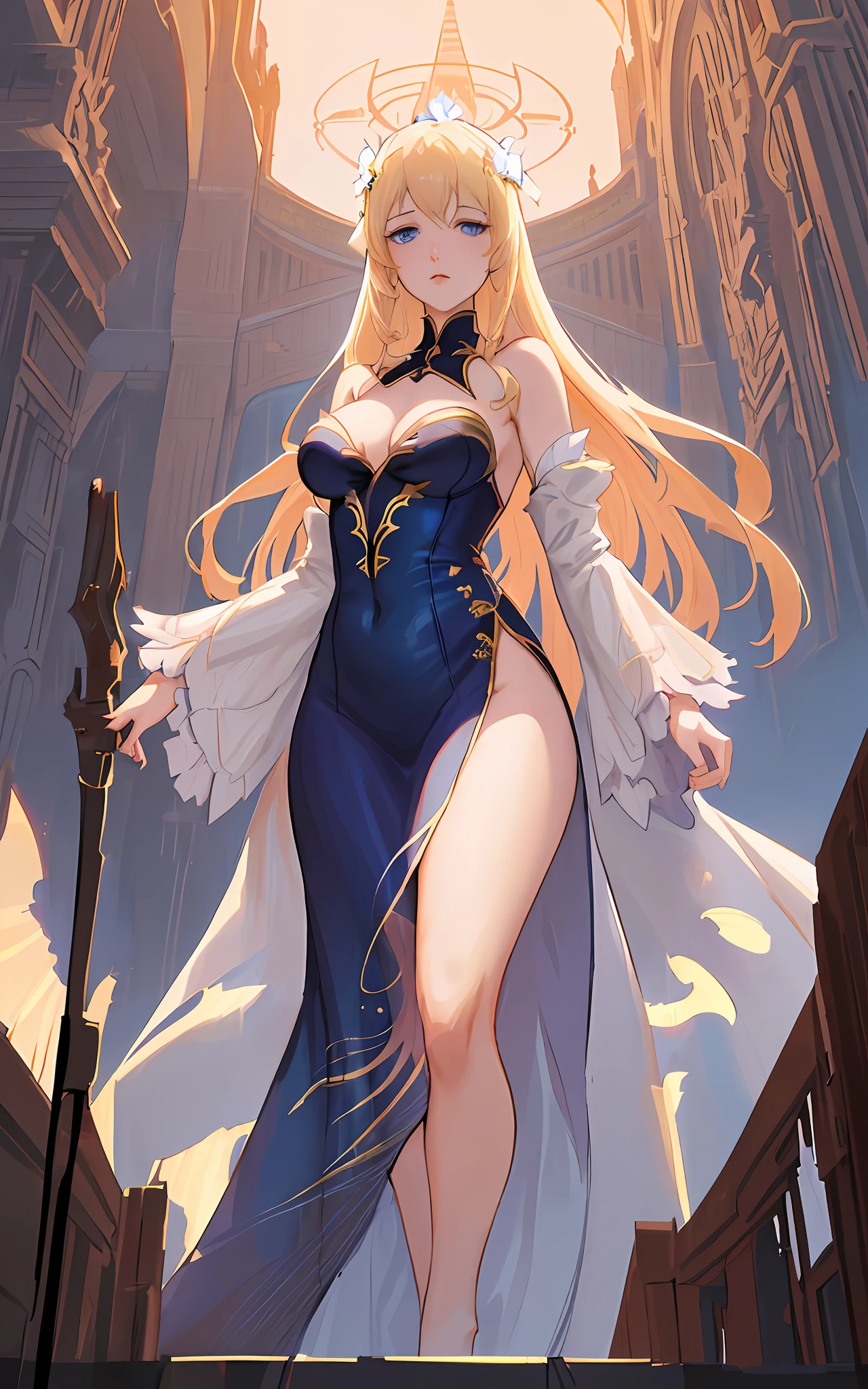 Masterpiece, highest quality, solo, (perfect face: 1.1), (high detail: 1.1), dramatic, dynamic pose, 1girl, breasts, blonde, bright blue eyes, solo, cleavage, delicate and characteristic pretty face, long hair, curved, small breasts, hanfu, thighs, intricate patterns, bare shoulders, slender and tall figure, pink lips, covering, robes, sleeping, legs splitting, castle, night, moon, detailed background, artgerm and greg rutkowski art, artgerm and greg rutkowski art, cinematic lighting,