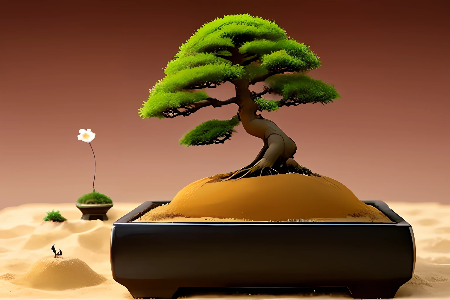 An ant hill in the form of a small sand hill on which grows a small Chinese bonsai tree