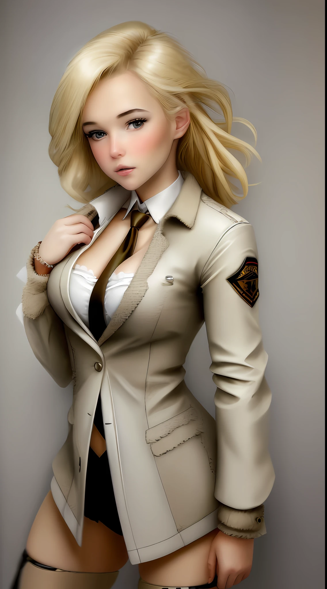 (good quality) Blonde woman, in jacket and tie, sensual, television news presenter.