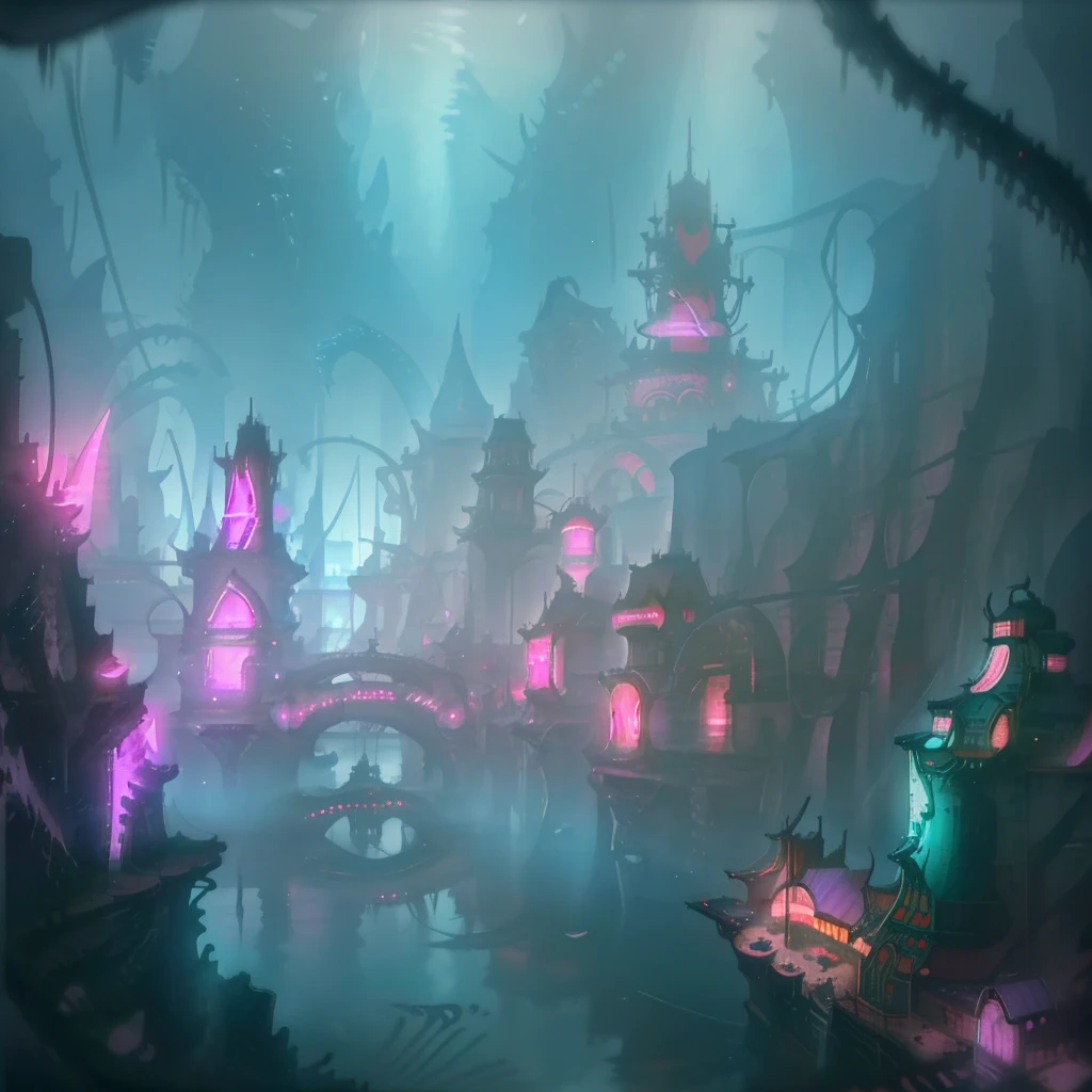 [Best quality, ultra-detailed, (water city:1.2), (concept:1.1), panoramic view, dynamic angle, reflective surface, (vibrant neon:1.3), boat, water texture, misty atmosphere, dramatic lighting, glowing reflections, (damp stones:0.85), shells, (ripples of water:1.2), unique and magical].