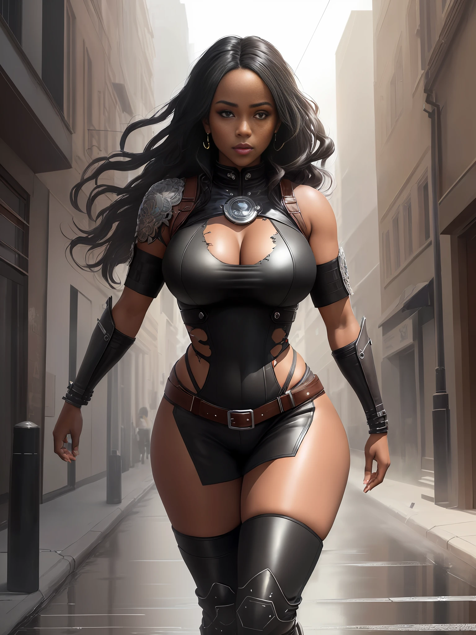 Highly detailed RAW color photo, beautiful black woman, 29 years old, dynamic pose, wearing leather boots, (wide hips), (detailed skin), (detailed lips), (detailed eyes), (blood: 1.4), (cast: 1.1), running in an apocalyptic city, (detailed face), (curvy), ((transparent torn clothes)), detailed eyes, chromatic aberration, depth of field, soft lighting, masterpiece, best quality, intricate, (lens reflection: 0.7),  (flowering: 0.7), particle effects, ray tracing, tone mapping, highly detailed, concept art, smooth, sharp focus, dramatic lighting, highly detailed art, cinematic, hyper-realistic painting, trending on Artstation, 8K, amazing shadows, realistic, (highly detailed background: 1.2), mid-journey art