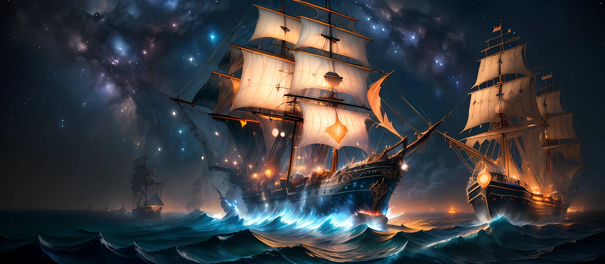 Masterpiece, Illustration, huggers, concept art, painting of ships in the ocean with stormy sea in the background, (at midnight with starry skies, Milky Way shooting stars),volumetric lighting, vibrant contrast, detailed cover artwork, fantasy, magical glowing particles, amazing wallpaper, pirate ship, old pirate ship, sailing ship, gothic ship on ocean, 4k highly detailed digital art, magical ships, detailed painting 4k, , GlowingRunesAI_paleblue, piratepunkai