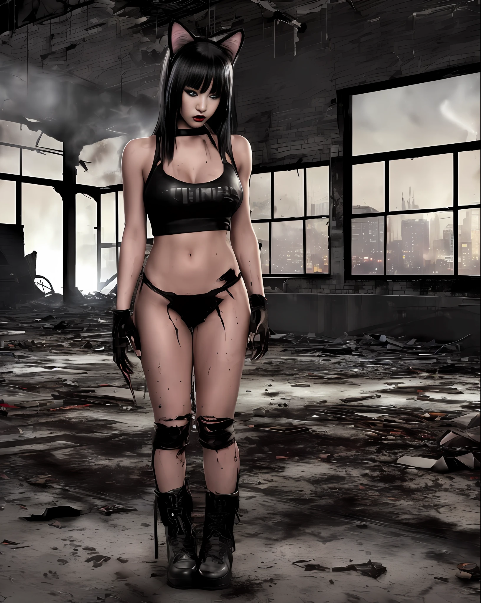 Bold girl standing, cat ears, seductive, medium breasts, black lipstick, sweaty body, torn black t-shirt, short and torn black shorts, black boot, black claws, big black hair, thin, attractive fabric, blood-stained hands. (Warehouse at night, dawn, old and abandoned place at night, night, dust flying, apocalyptic scenery, city destroyed at night). (ambient lighting, masterpiece, seducing, depth of field, Full HD, 4K, wide-angle lens, richness of detail). Hollywood Style