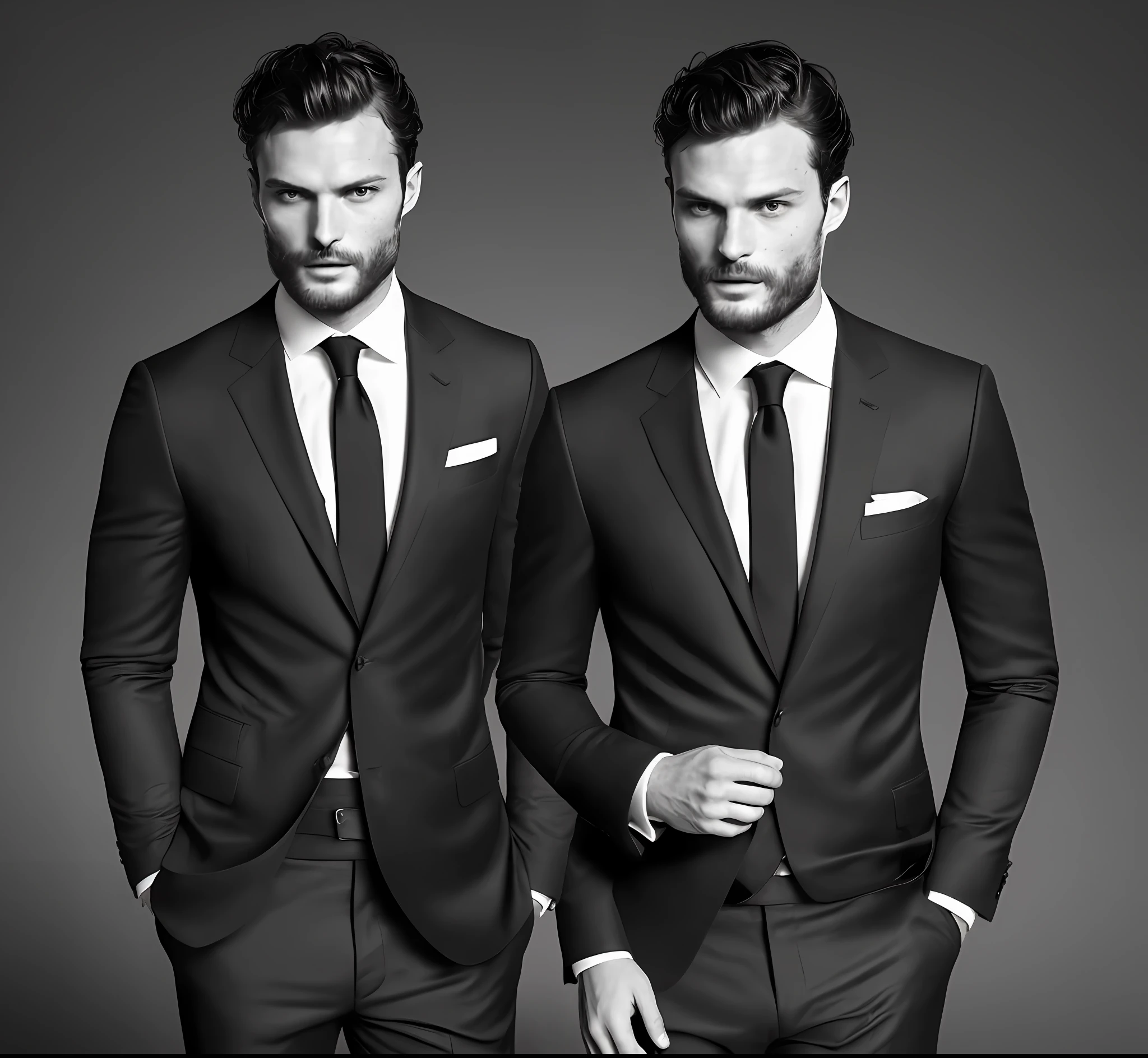 (Create a CEO wearing a black suit without a tie), (Brunette with symmetrical model face), wearing wispy beard, short dark hair, magazine cover model style, man similar to actor jamie dornan, (high quality and realistic image) , dark black background, cinematic style, ((Best Quality, 8k, Masterpiece).