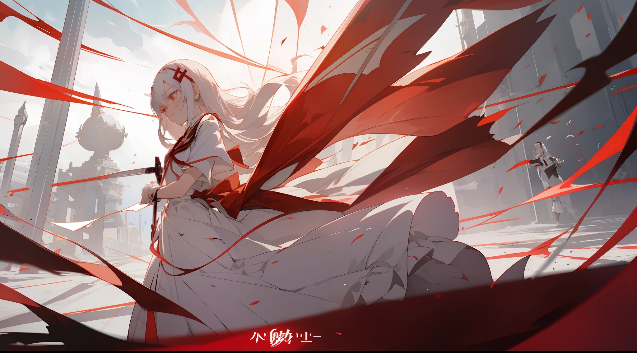 a woman in a white dress holding a sword and a red and black banner, anime key visual, anime key visual”, official anime key visual, light novel cover art, gapmoe yandere, yandere, by Jin Homura, gapmoe yandere grimdark, ( ( ( yoshinari yoh ) ) ), style of red line anime movie, key visual