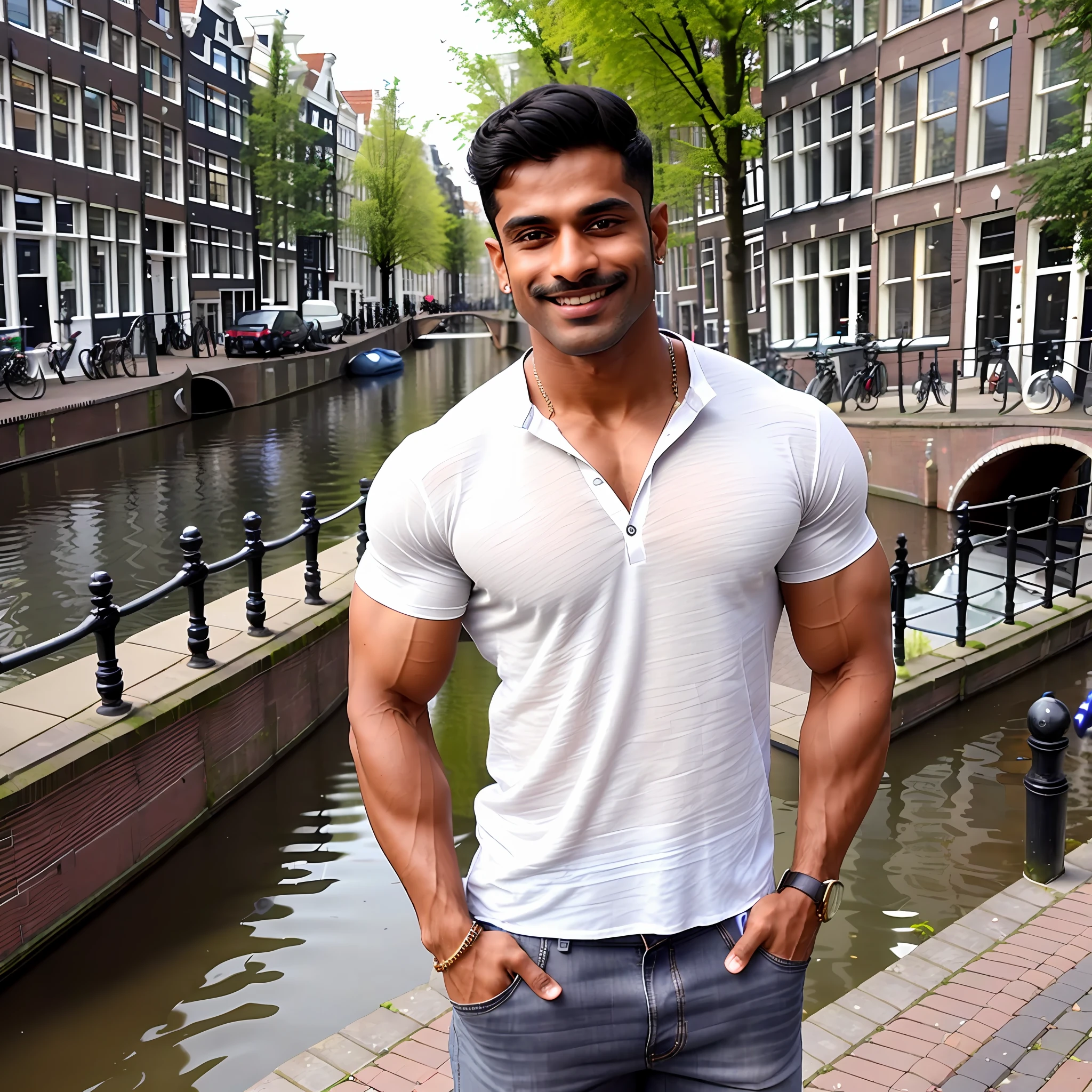 30yo Indian bodybuilder man, gay, standing by a canal in Amsterdam, masculine face, facelift, thin mustache, grey linen shirt, tight jeans, very big biceps, no tattoos, perfect bright white teeth, smiling flirtatiously for the camera, showing off his muscular body, feminine sexy pose