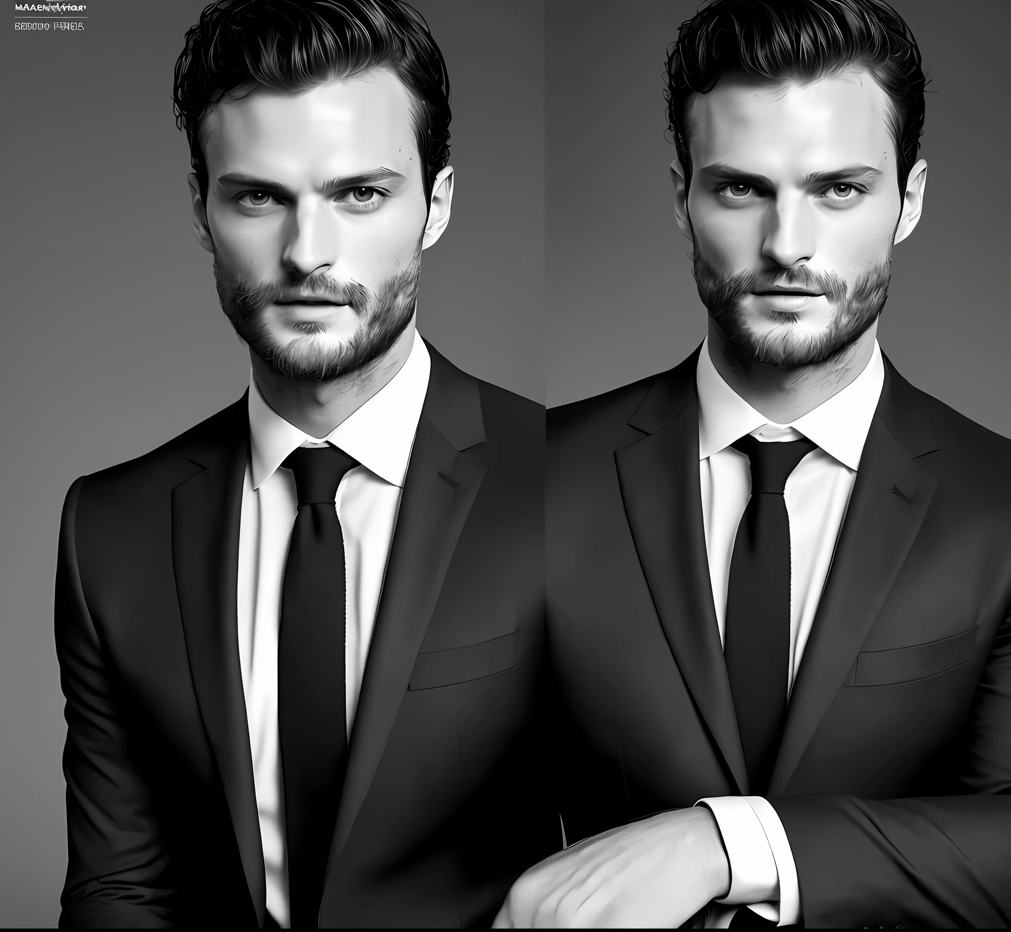 (Create a CEO wearing a black suit without a tie), (Brunette with symmetrical model face), wearing wispy beard, short dark hair, magazine cover model style, man similar to actor jamie dornan, (high quality and realistic image) , dark black background, cinematic style, ((Best Quality, 8k, Masterpiece).