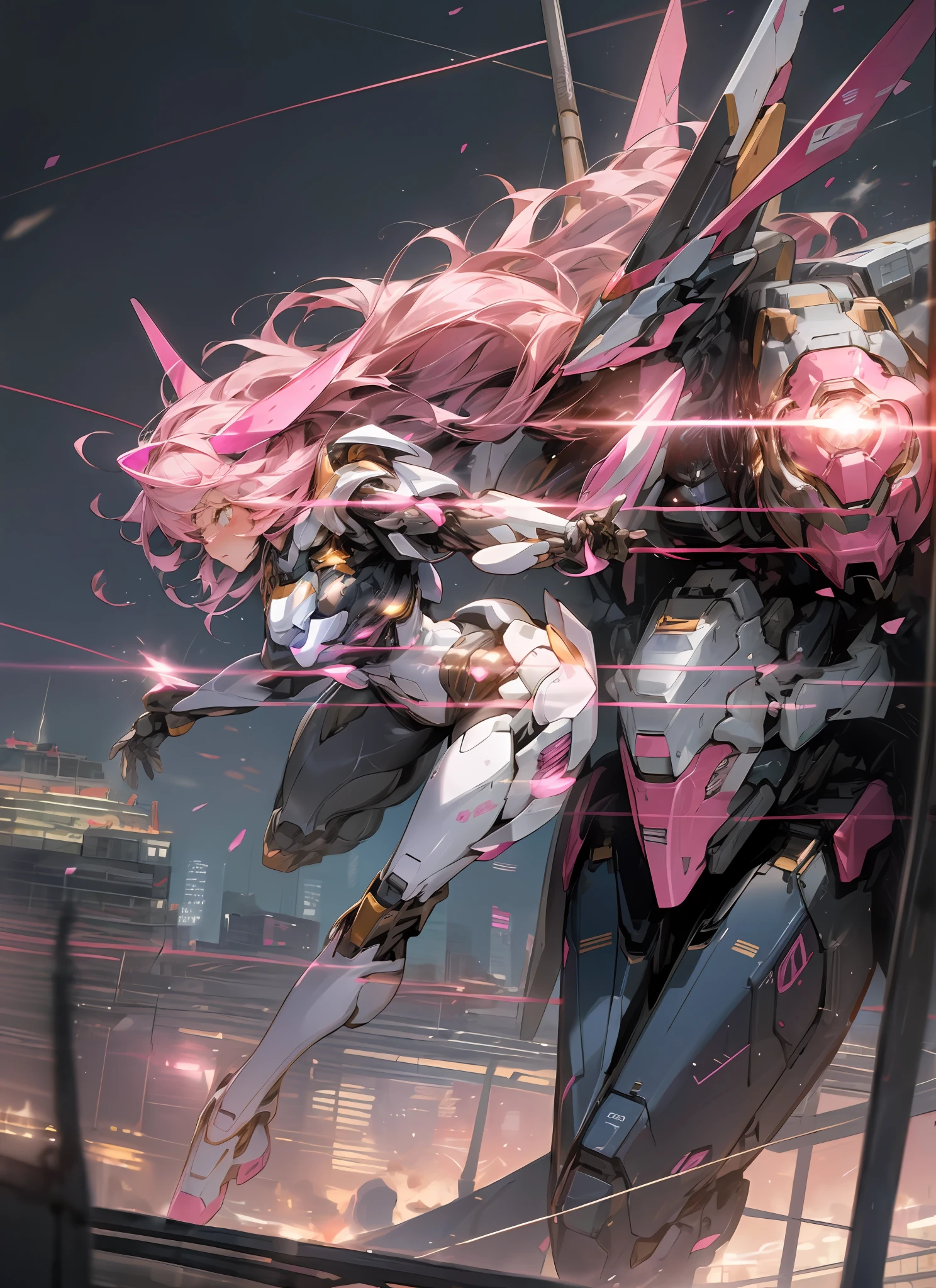 "(extremely detailed and beautiful)", "cute woman", "mecha", "best illumination", "best shadow", "floating", "dynamic pose", "mech suit", "pink and white color scheme", "glowing eyes and thrusters", "cityscape in the background"