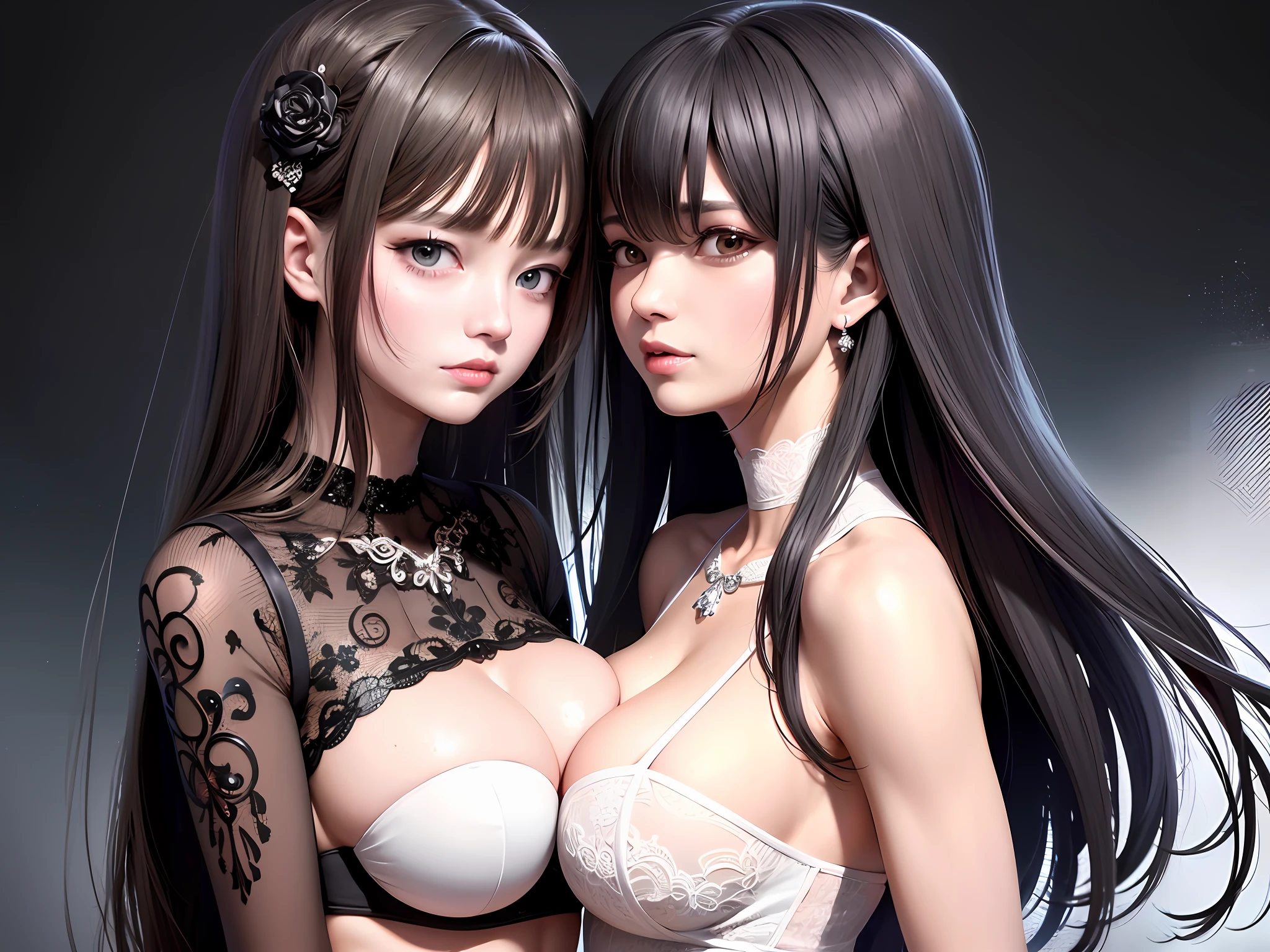 The two girls hugged each other. Kiss each other face to face. Grasp each other's breasts with your hands. perfect body, {{}}, {perfect body}, {delicate face}, {{{best quality}}}, {{super detailed}}, {{masterpiece}}, {{best quality}}}, {{super detailed}}, {{illustration}}, {messy hair}}}, {{messy hair}}}, clear facial features, clear skin features, clear areola, black lace, ahegao, realism, realism, neorealism, octane rendering, corona rendering, UE4, High Detail, Ultra High Quality, High Resolution, 8K Trend in Art Station, HD, Hyper-Realism, Telephoto Lens, Chest Lens (MCU), First Person View, Film Lighting, -Imagine-