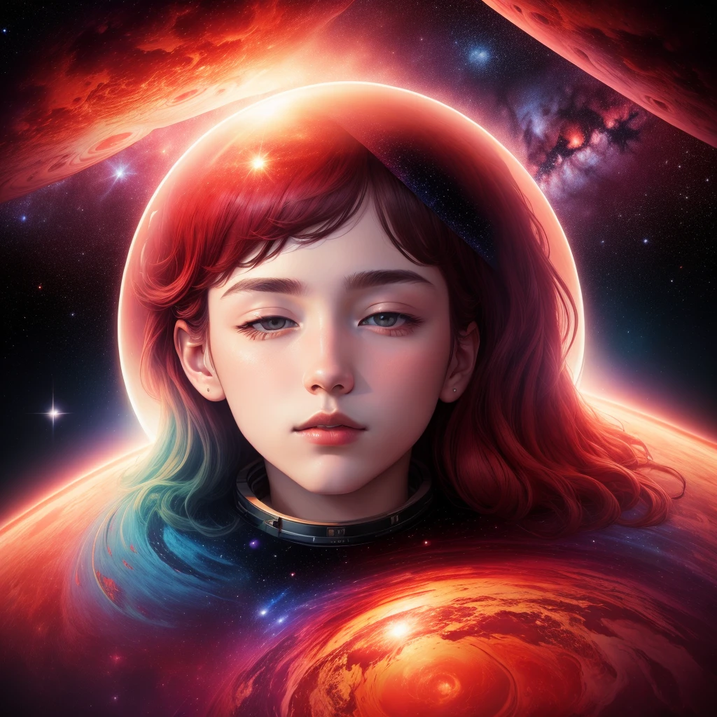 ((masterpiece, best quality)), man, ((album cover)), in space, reddish colors, planets, stars, milky way, mid-length photo, minimalist, soft shadows.