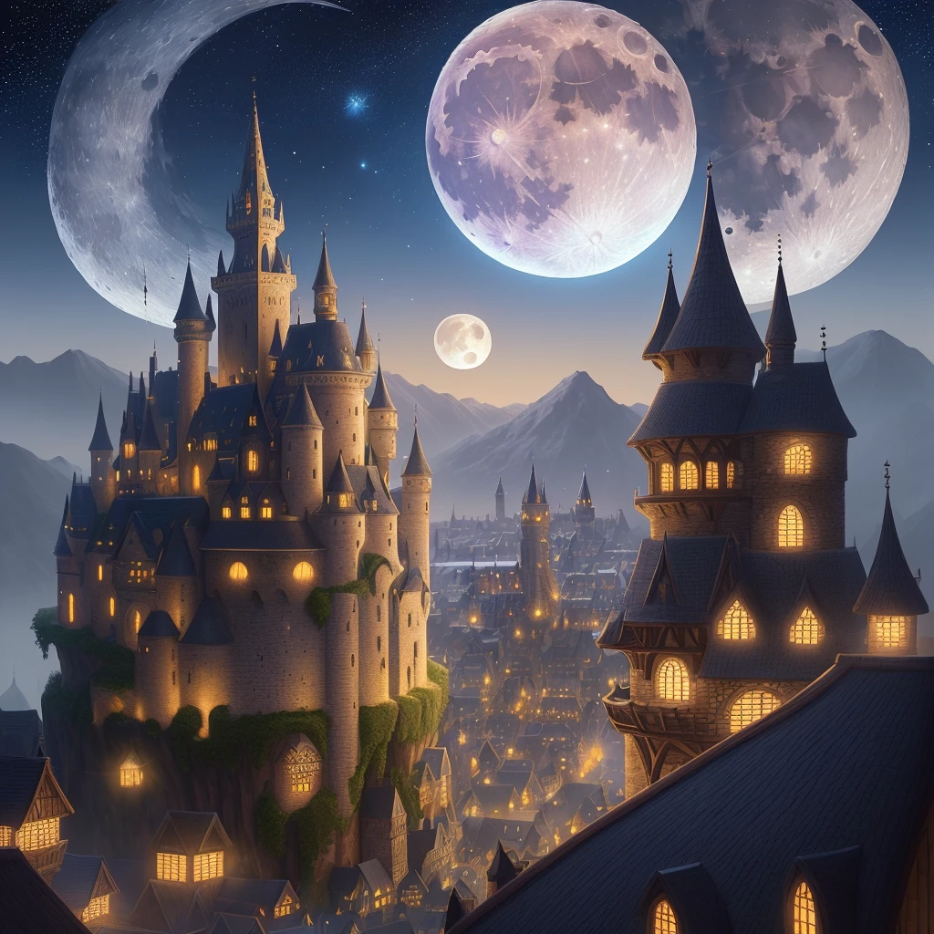 (extremely detailed fantasy illustration, best quality, ultra-detailed), (medieval style, fortified city, small scale), giant whale jumping over,(night light, huge moon, starry night)