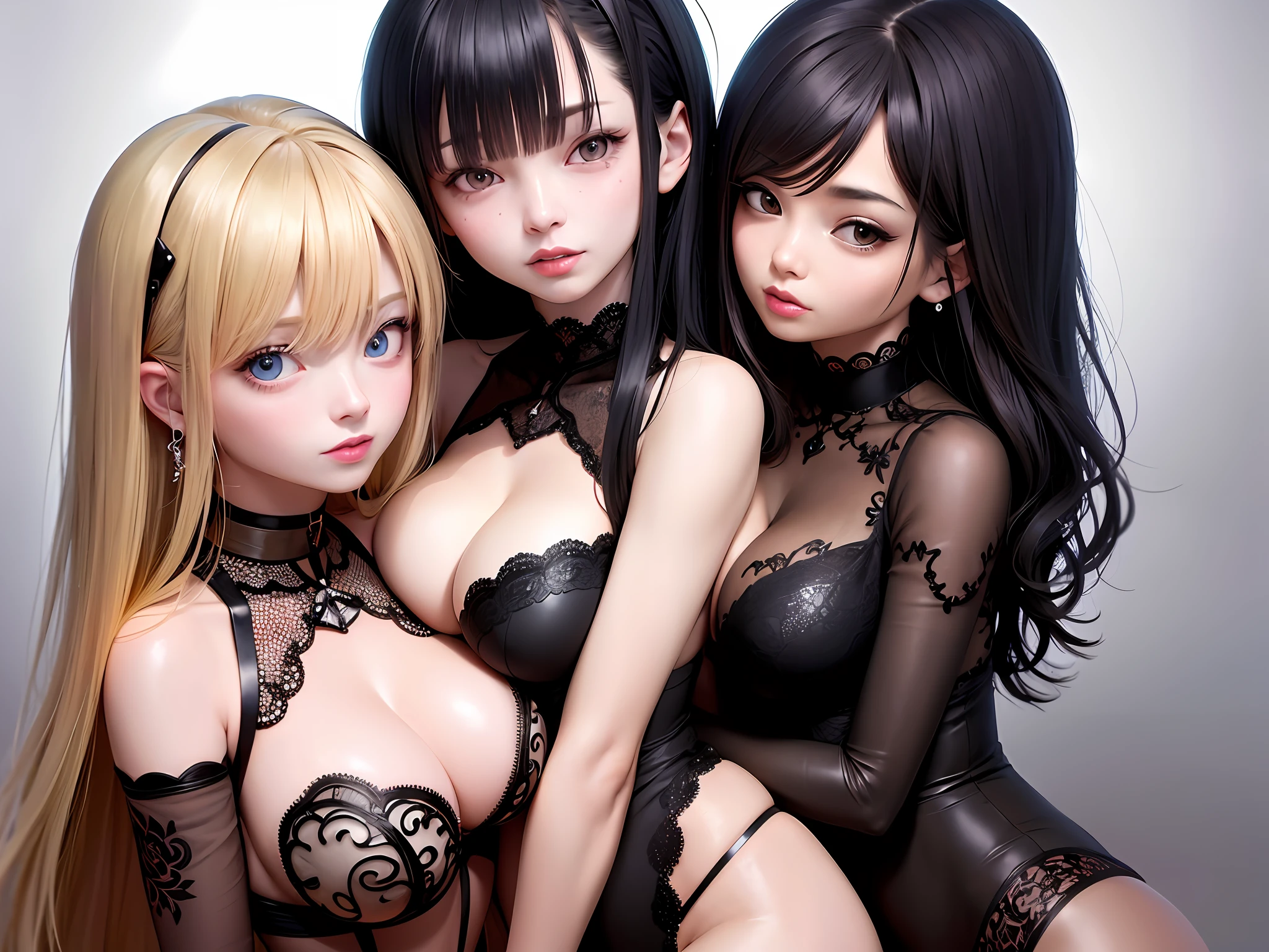 The two girls hugged each other. Kiss each other face to face. Grasp each other's breasts with your hands. perfect body, {{}}, {perfect body}, {delicate face}, {{{best quality}}}, {{super detailed}}, {{masterpiece}}, {{best quality}}}, {{super detailed}}, {{illustration}}, {messy hair}}}, {{messy hair}}}, clear facial features, clear skin features, clear areola, black lace, ahegao, realism, realism, neorealism, octane rendering, corona rendering, UE4, High Detail, Ultra High Quality, High Resolution, 8K Trend in Art Station, HD, Hyper-Realism, Telephoto Lens, Chest Lens (MCU), First Person View, Film Lighting, -Imagine-