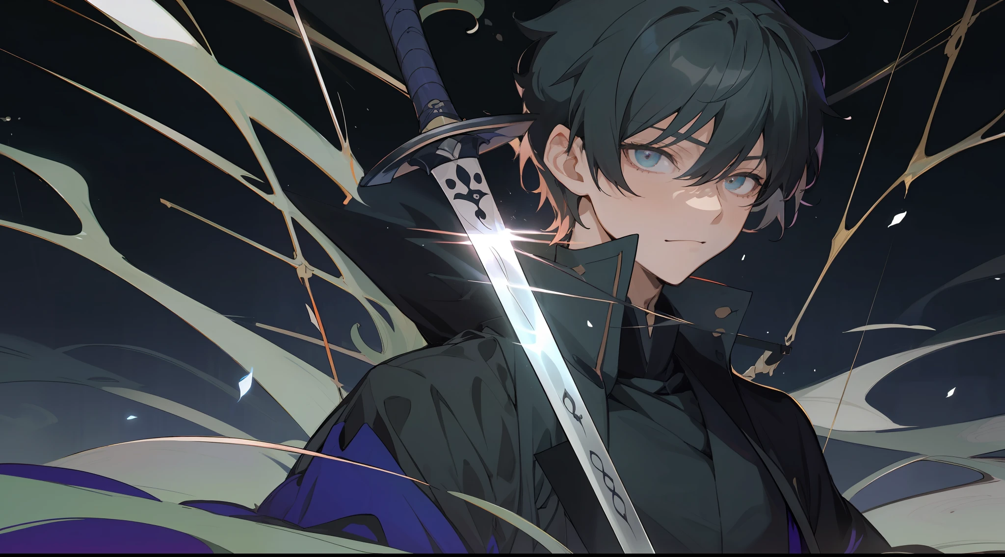 a close up of a person holding a sword in a dark room, a picture inspired by Okumura Masanobu, deviantart, shin hanga, otaku gangasta, okata kazuto, hijikata toushirou of gintama, jujutsu kaisen, anime style like fate/stay night, shikanosuke yagaki