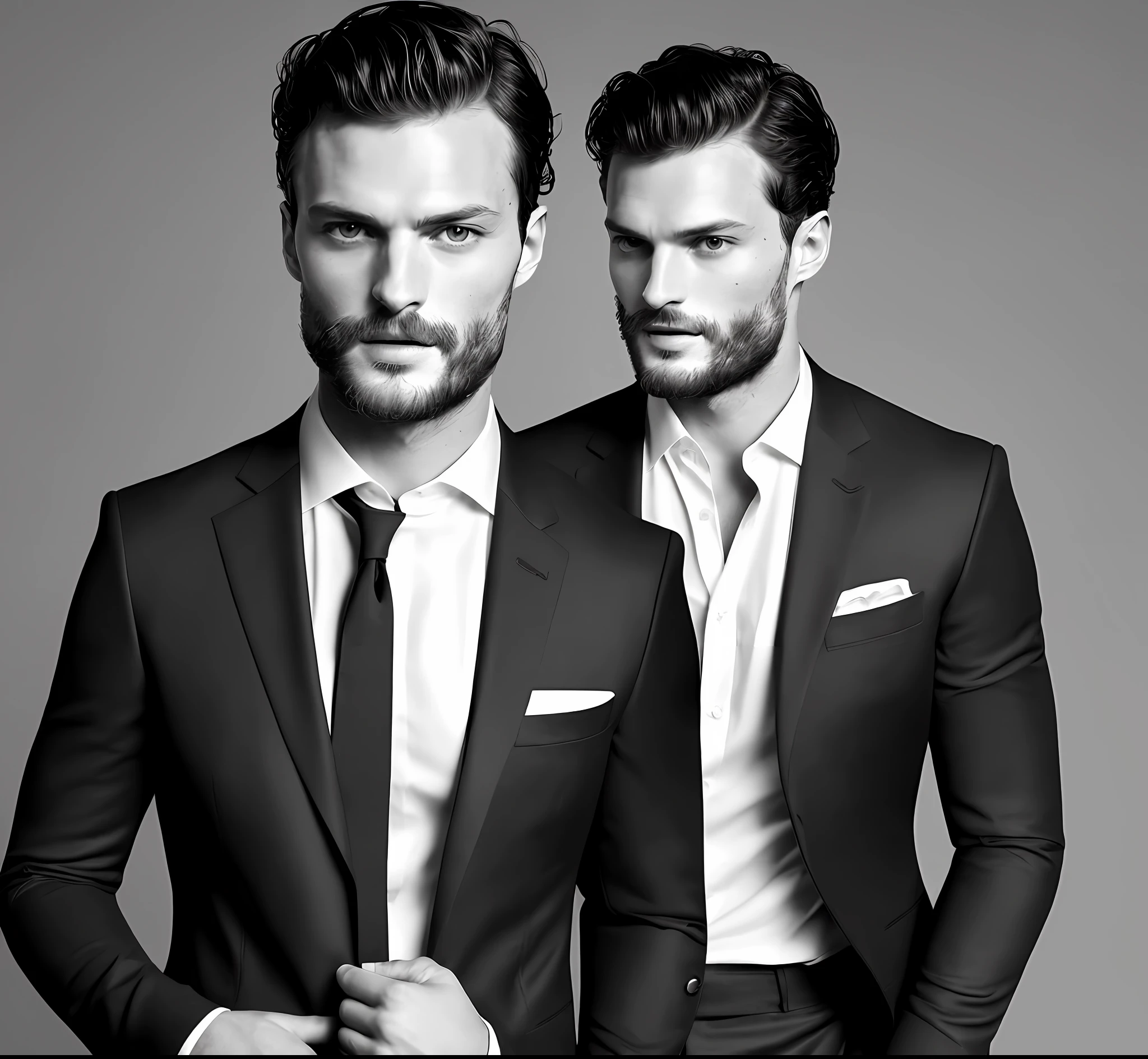 (Create a CEO wearing a black suit without a tie), (Brunette with symmetrical model face), wearing wispy beard, short dark hair, magazine cover model style, man similar to actor jamie dornan, (high quality and realistic image) , dark black background, cinematic style, ((Best Quality, 8k, Masterpiece).