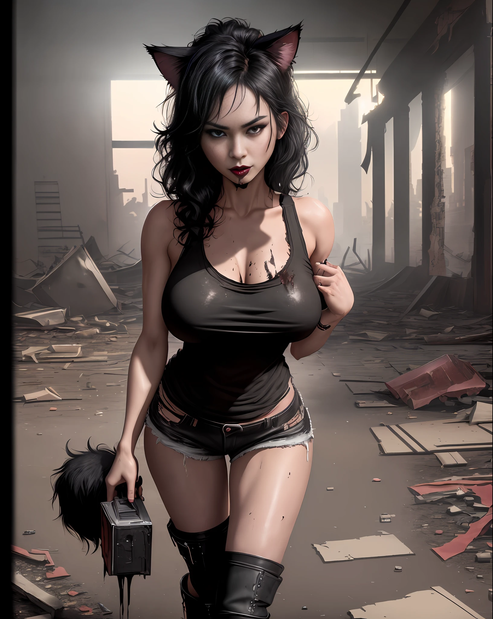 Bold girl standing, cat ears, seductive, big boobs, black lipstick, sweaty body, torn black t-shirt, short and torn black shorts, black boot, black claws, big black hair, thin, attractive fabric, blood-stained hands. (Warehouse at night, dawn, old and abandoned place at night, night, dust flying, city destroyed at night). (masterpiece, seducing, depth of field, Full HD, 4K, wide-angle lens, richness of detail). Hollywood Style