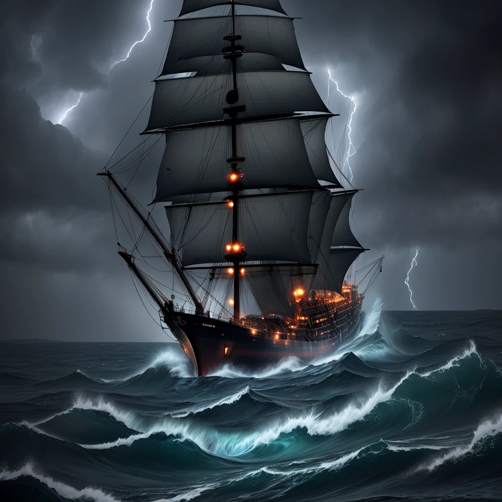 The ship is in the center of the ocean, attracted by huge whirlpools, dark night, violent storms, HD