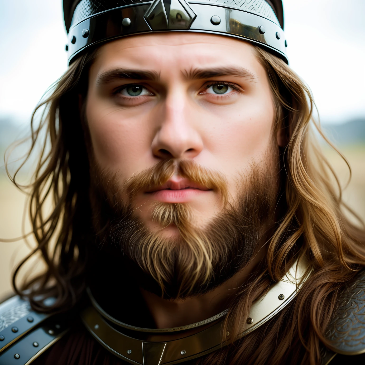 A photorealistc portraif of a stunningly Handsome male viking warrior, plate mail, paladin, close-up portrait, photograph, in the style of Martin Schoeller, detailed symmetric realistic face, extremely detailed natural texture, peach fuzz, long hair, masterpiece, absurdres, nikon d850 film stock photograph, kodak portra 400 camera f1.6 lens, extremely detailed, amazing, fine detail, rich colors, hyper realistic lifelike texture, dramatic lighting, unrealengine, trending on artstation, cinestill 800 tungsten, looking at the viewer, photo realistic, RAW photo, TanvirTamim, high quality, highres, sharp focus, extremely detailed, cinematic lighting, 8k uhd,-imagine-