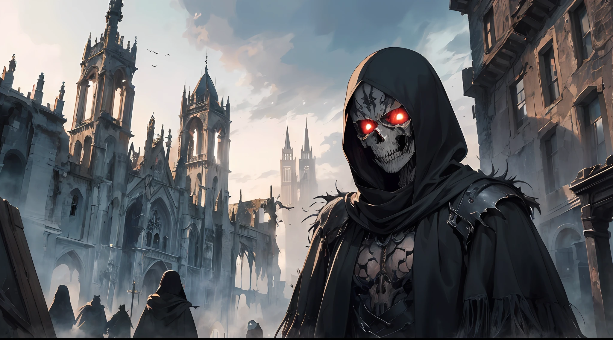 ((masterpiece)),((best quality)),((high detail)),((realistic,)) ((ultra detailed)) a dark being with skeletal appearance, skull face, wearing poncho, medieval area, abandoned medieval city, ruins, destruction, drama, horror, sinister environment, colorful, vivid colors