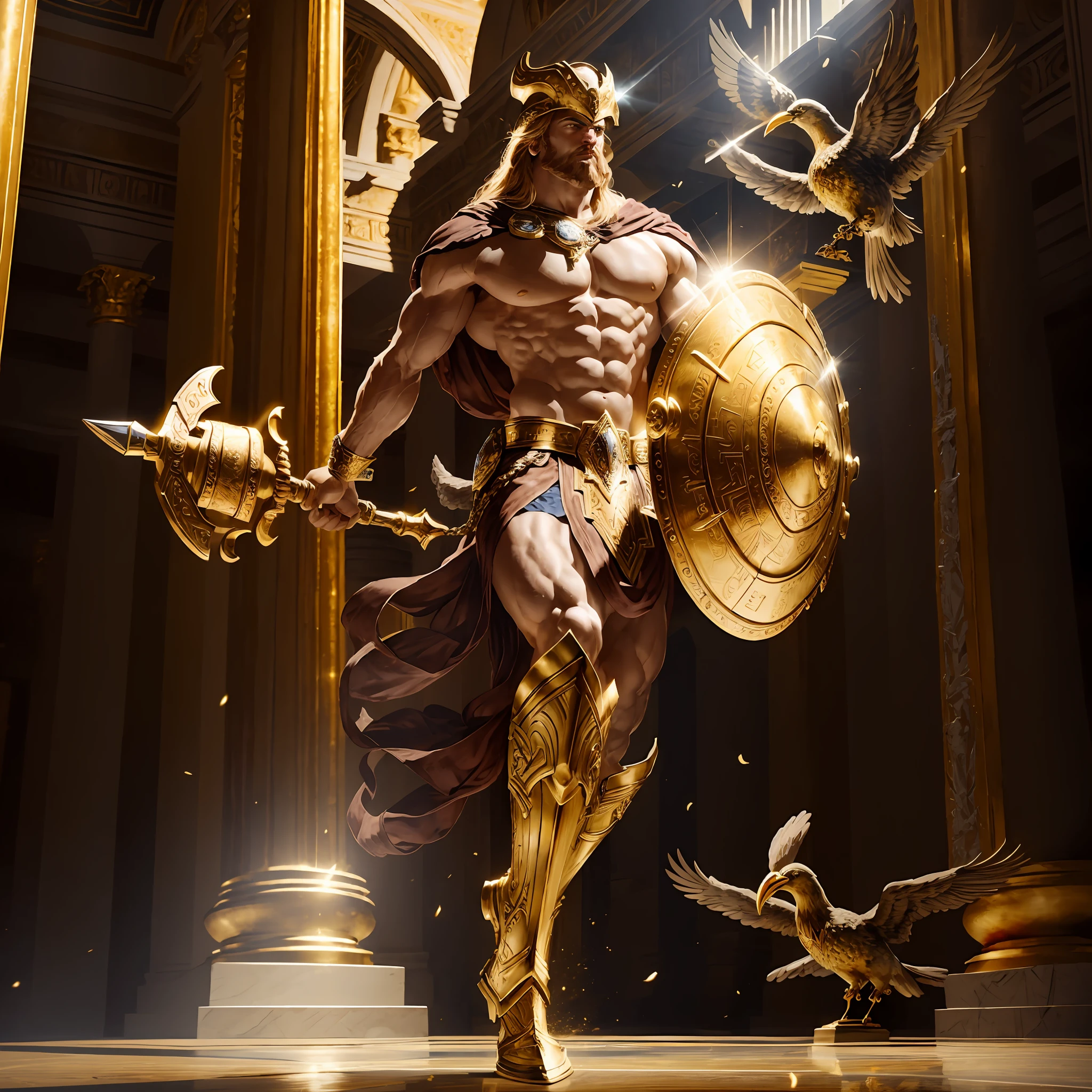 (Masterpiece), (Extreme), (Super detailed), (Full Body), a Viking in golden armor, holding a shield in his left hand, and a hammer in his right hand, full body image, showing his feet, futuristic detailed background, strong man, radiating a golden light of armor, muscular, showing the abdominal muscles, abdominal muscles to show, in attack position, angry expression, show the shield in the foreground, remove birds