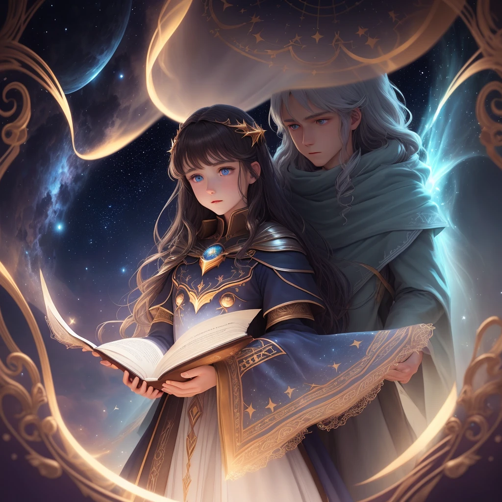"Please create a cover for our book entitled 'Astralia'. On the cover, we want to highlight the two main characters, Kael and Lyra. Kael has dark hair and glowing eyes, and Lyra has golden hair and blue eyes. Both characters must stand in front of a heavenly background with bright stars and a magical glow. We want the title of the book, 'Astralia', to be at the top of the cover, written in an elegant and eye-catching font. Please make sure the characters and title are clearly visible on the cover."