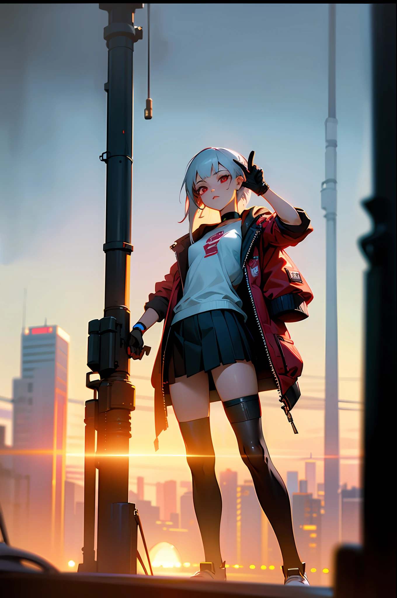best quality, ultra high resolution, (photorealistic: 1.4), (masterpiece, best quality), 1 girl, only 1 person, ruins, (cyberpunk: 1.4), silver hair, red eyes, breasts, V-sign, white shirt, black pleated skirt, red jacket, knee-high socks, (prosthesis: 1.4), standing, movie screening, exaggerated perspective, , (detailed face), sunset, sweaty, dirt, post-apocalyptic, long hair, cyberpunk, (modelshoot style), nsfw, catastanna20, render 3D, beautiful, rendered in redshift, render 3D stylized, cyberpunk, sci-fi character rendering, sci-fi character, stylized as a 3d render,quality 8k, unreal engine 5, nvidia dlss, ((Best quality)), ((masterpiece)), (detailed: 1.4), 3D, cyberpunk, HDR (High Dynamic Range),Ray Tracing, NVIDIA RTX, Super-Resolution, Unreal 5, Subsurface dispersion, PBR texture, Post-processing, Anisotropic filtering, Depth of field, Maximum clarity and sharpness, realistic details, without duplicating parts of the character, attention to small details.