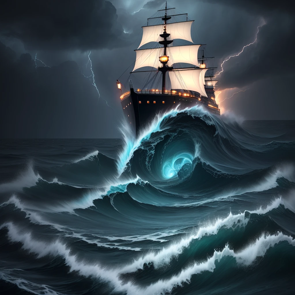 The ship is in the center of the ocean, attracted by huge whirlpools, dark night, violent storms, HD, mermaid, orange thunder background, best quality, some rocks around