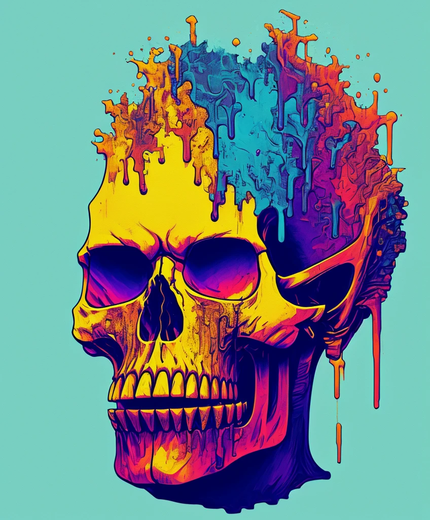 (a portrait of Cyberpunk Skull with colorful fluid l:1) , t-shirt logo in the style of tapered fine outline, orthographic-view, art on (empty background:1.4)Hands,