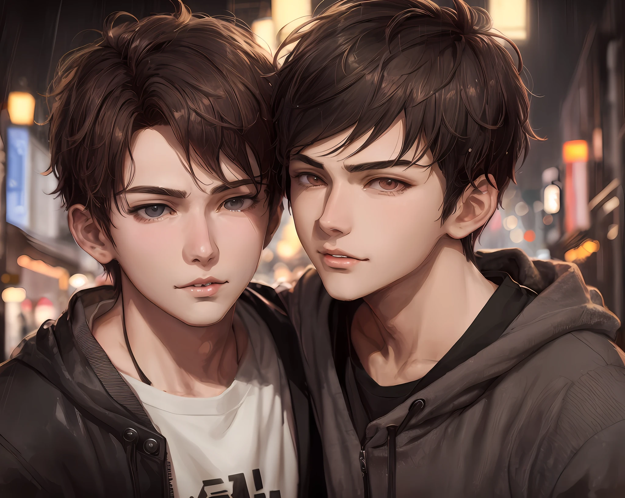 they are two young men standing next to each other in the street, artwork in the style of guweiz, two anime handsome men, realistic artstyle, realistic anime artstyle, guweiz on pixiv artstation, anime realism style, wlop and sakimichan, guweiz on artstation pixiv, kawacy, guweiz