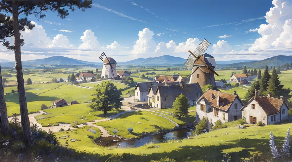 ((masterpiece)),((best quality)),((high detail)),((realistic,)) ((ultra detailed)) landscape of a small medieval town, 1windmill, aeria view, beautiful sky, deformed clouds, pine trees.