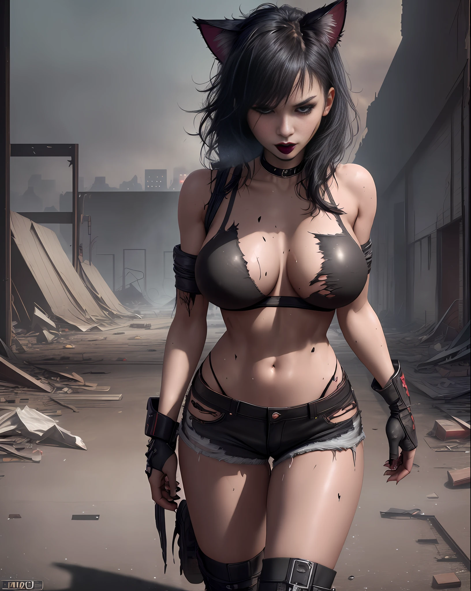 Bold girl standing, cat ears, seductive, big boobs, black lipstick, sweaty body, torn black t-shirt, short and torn black shorts, black boot, black claws, big black hair, thin, attractive fabric, blood-stained hands. (Warehouse at night, dawn, old and abandoned place at night, night, dust flying, city destroyed at night). (masterpiece, seducing, depth of field, Full HD, 4K, 100mm lens, richness of detail). Cyberpunk Style
