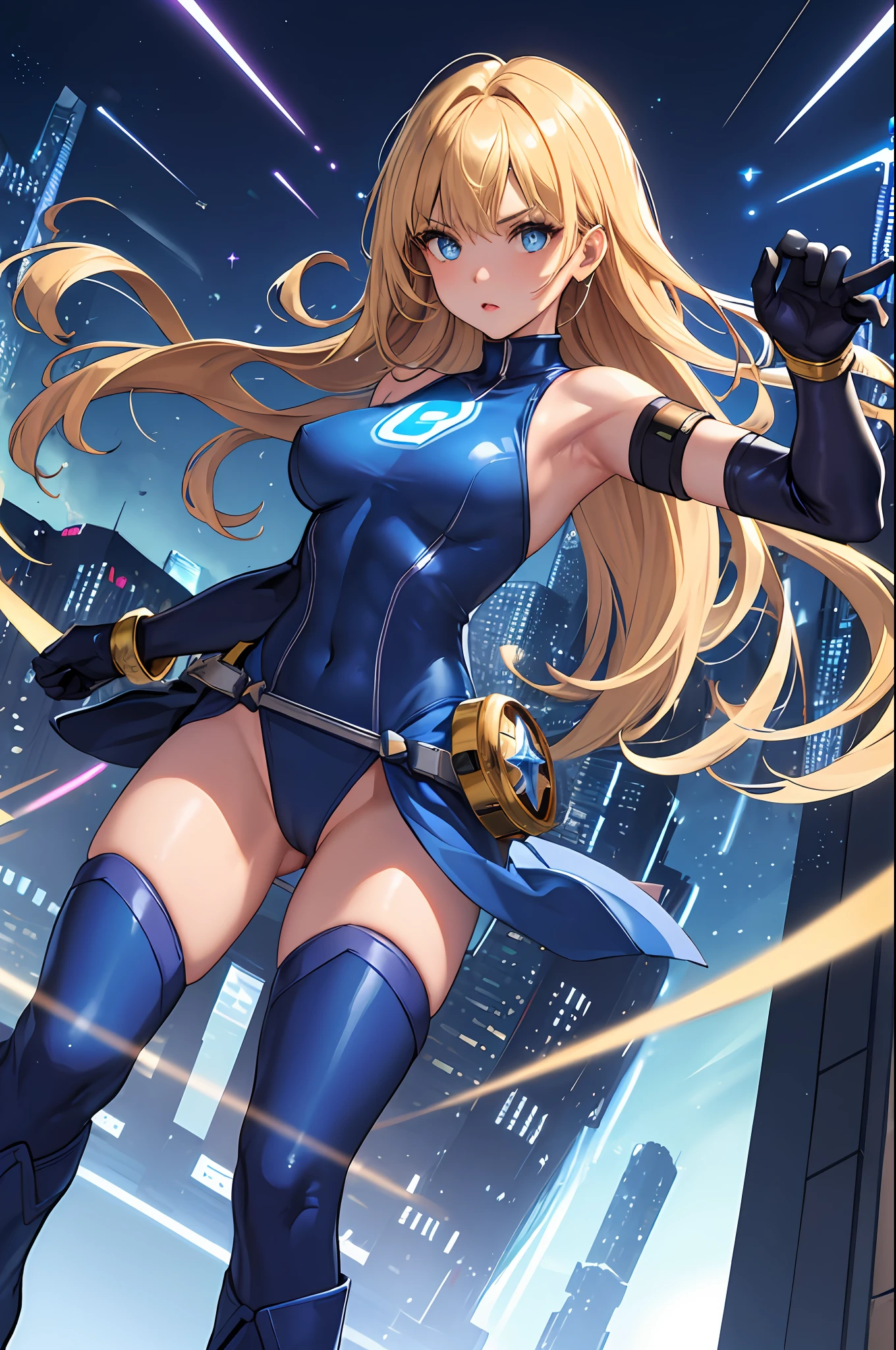 masterpiece, best quality, highres, 1girl, solo, superhero, leotard, bare legs, boots, matching boots, aura, blue aura, sleeveless, gloves, bracelets, matching gloves, looking at viewer, light particles, city backdrop, perfect hands, perfect eyes, powering up, perfect leotard, captain planet,