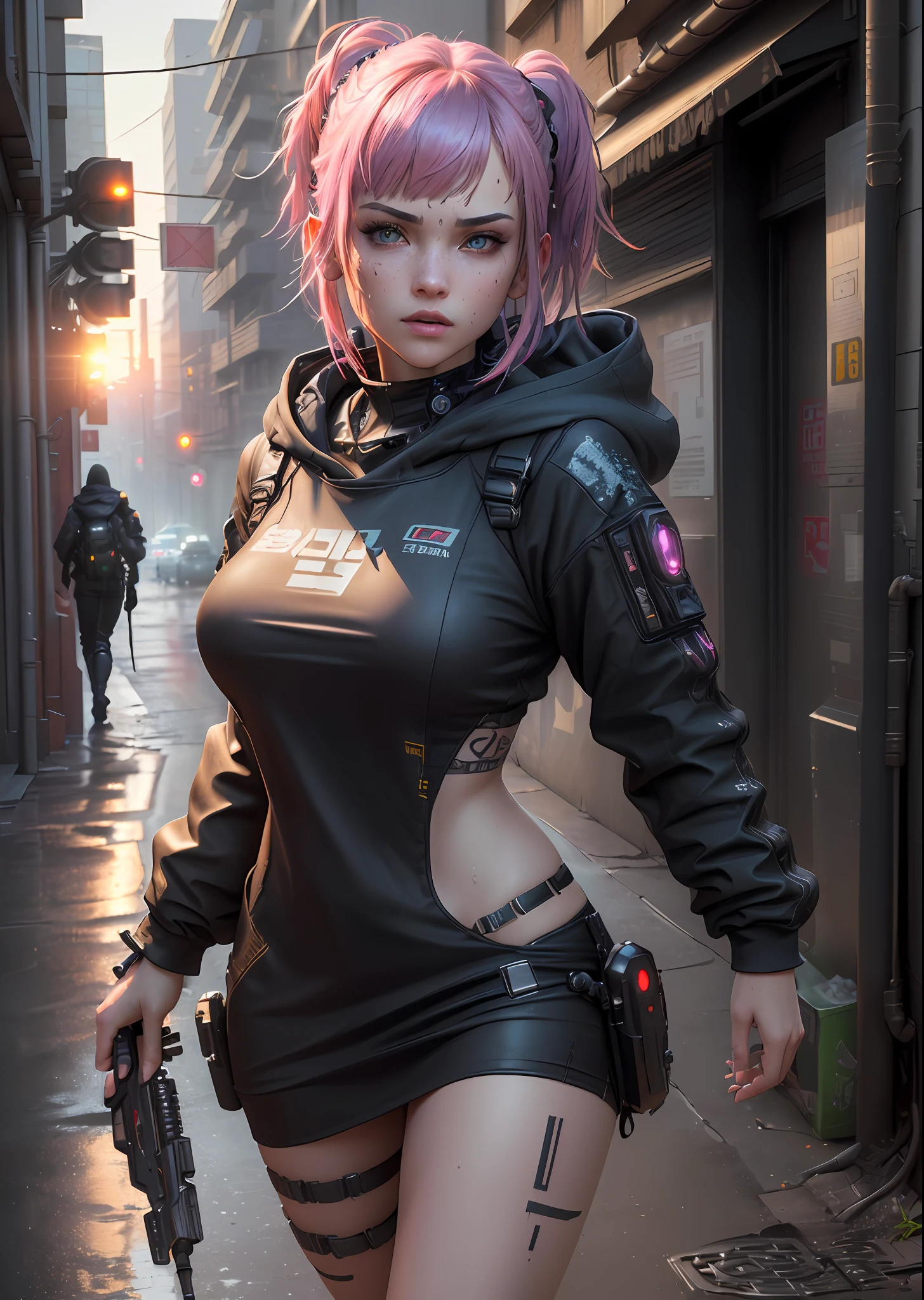 ((best quality)), ((masterpiece)), ((realistic)), (detailed), (1 girl) women, hood, arm tattoo, portrait, asymmetrical bangs, bandaid, short hair, bangs, breasts, freckles, gray eyes, large breasts, looking at the viewer, neck tattoo, nose piercing, pink hair, solo, face tattoo, upper body, detailed background, city, alley, dark alley, portrait, hood, night,  angry, close up, closed mouth, ((masterpiece)), absurd, wet skin, dynamic view, fair skin, , (detailed face), sunset, sweaty, dirt, post-apocalyptic, long hair, cyberpunk, (modelshoot style), nsfw, catastanna20, render 3d, beautiful, rendered in redshift, render 3d stylized, cyberpunk, sci-fi character rendering, sci-fi character, stylized as a 3d render, quality 8k, unreal engine 5, nvidia dlss,  ((Best Quality)), ((masterpiece)), (detailed: 1.4), 3D, cyberpunk, HDR (High Dynamic Range),Ray Tracing, NVIDIA RTX, Super-Resolution, Unreal 5, Subsurface Dispersion, PBR Texture, Post-processing, Anisotropic filtering, Depth of field, Maximum clarity and sharpness, realistic details, without duplicating parts of the character, attention to small details.
