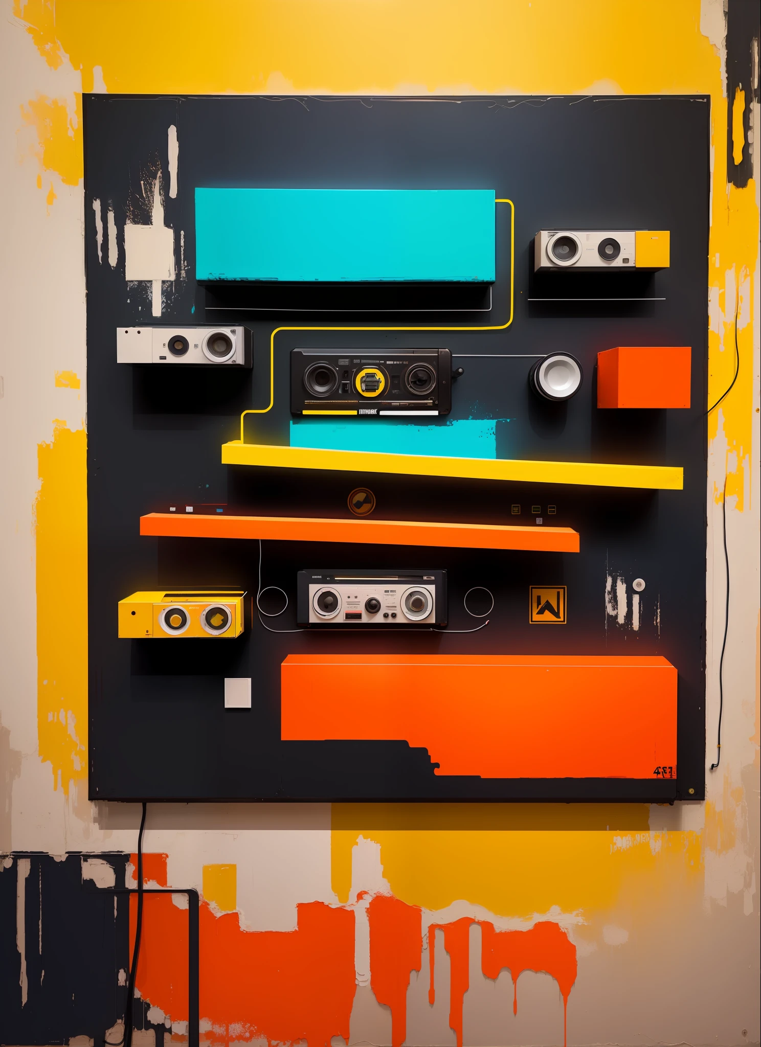 An abstract painting with a cassette in the center, with a bright background and intense neon effects, with a very definite street art style.