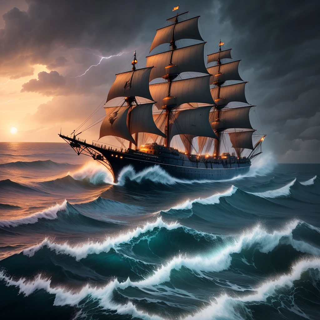 The ship is in the center of the ocean, dark night, violent storms, HD, mermaid, orange thunder background, best quality, some rocks around, rocks, best ship
