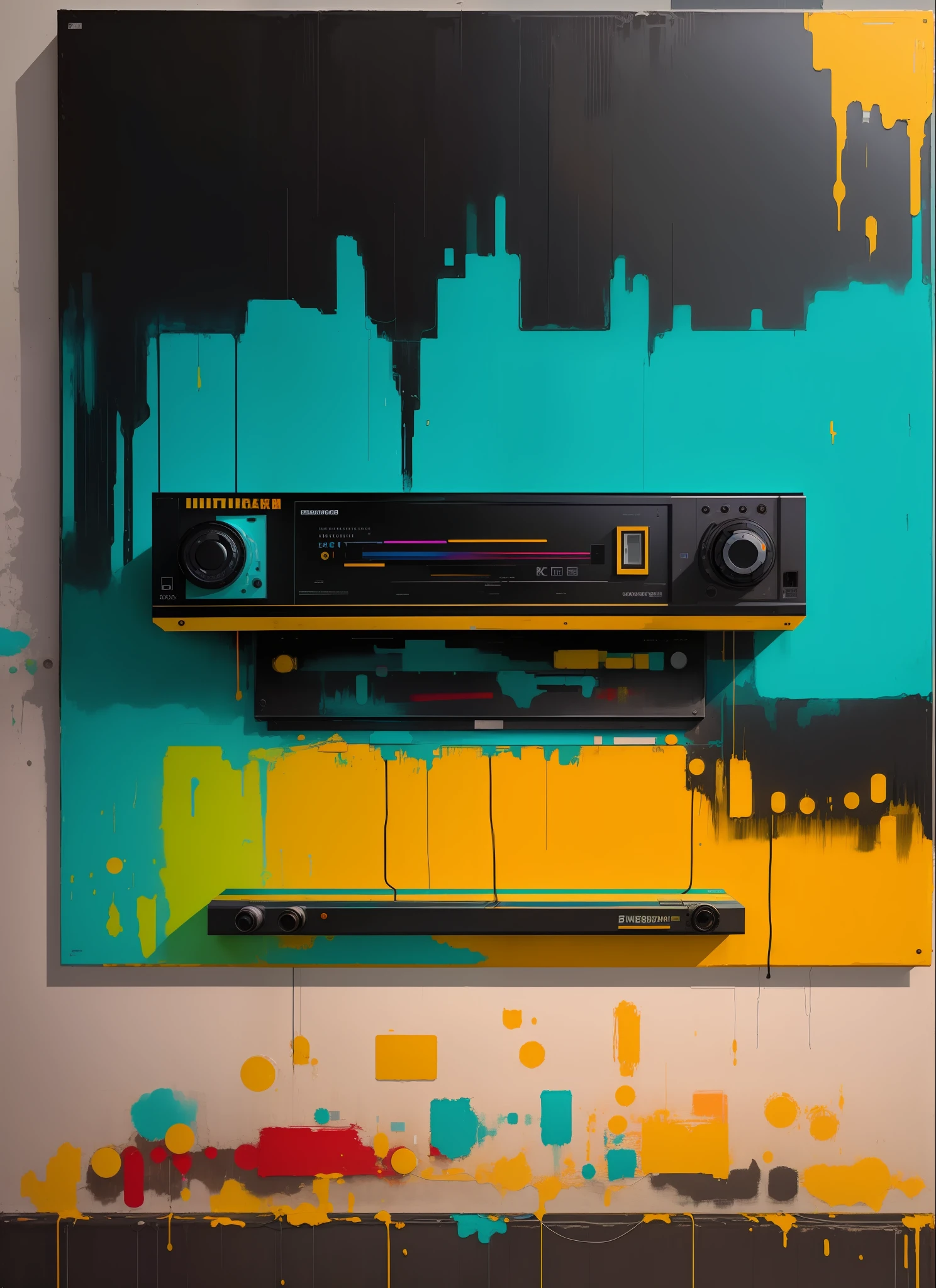 An abstract painting with a cassette in the center, with a bright background and intense neon effects, with a very definite street art style.