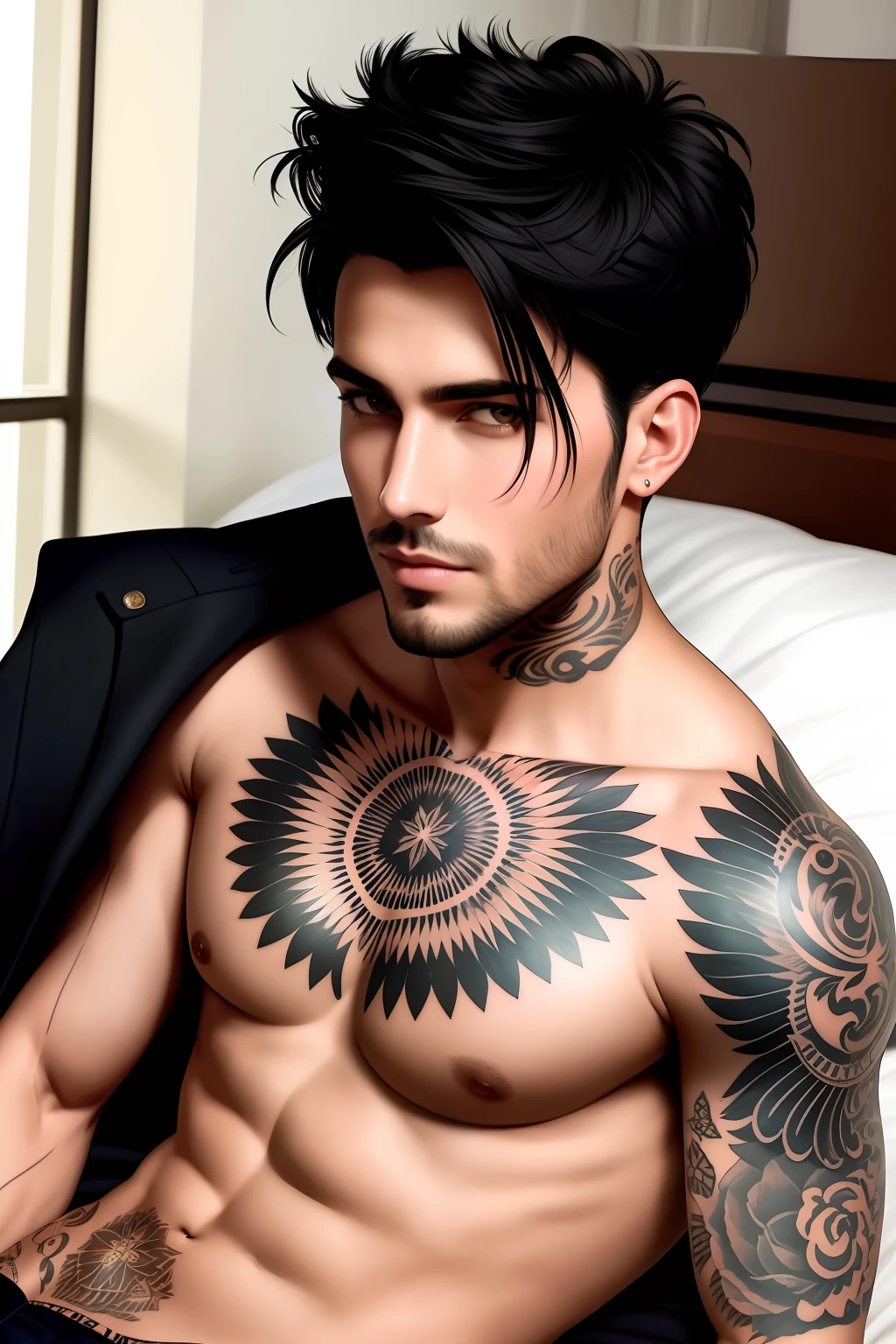 Hyperrealistic, highest quality, professional photography, handsome man, short black hair, tattoo, sassy look, laid in bed, hard, pleasured look, visible